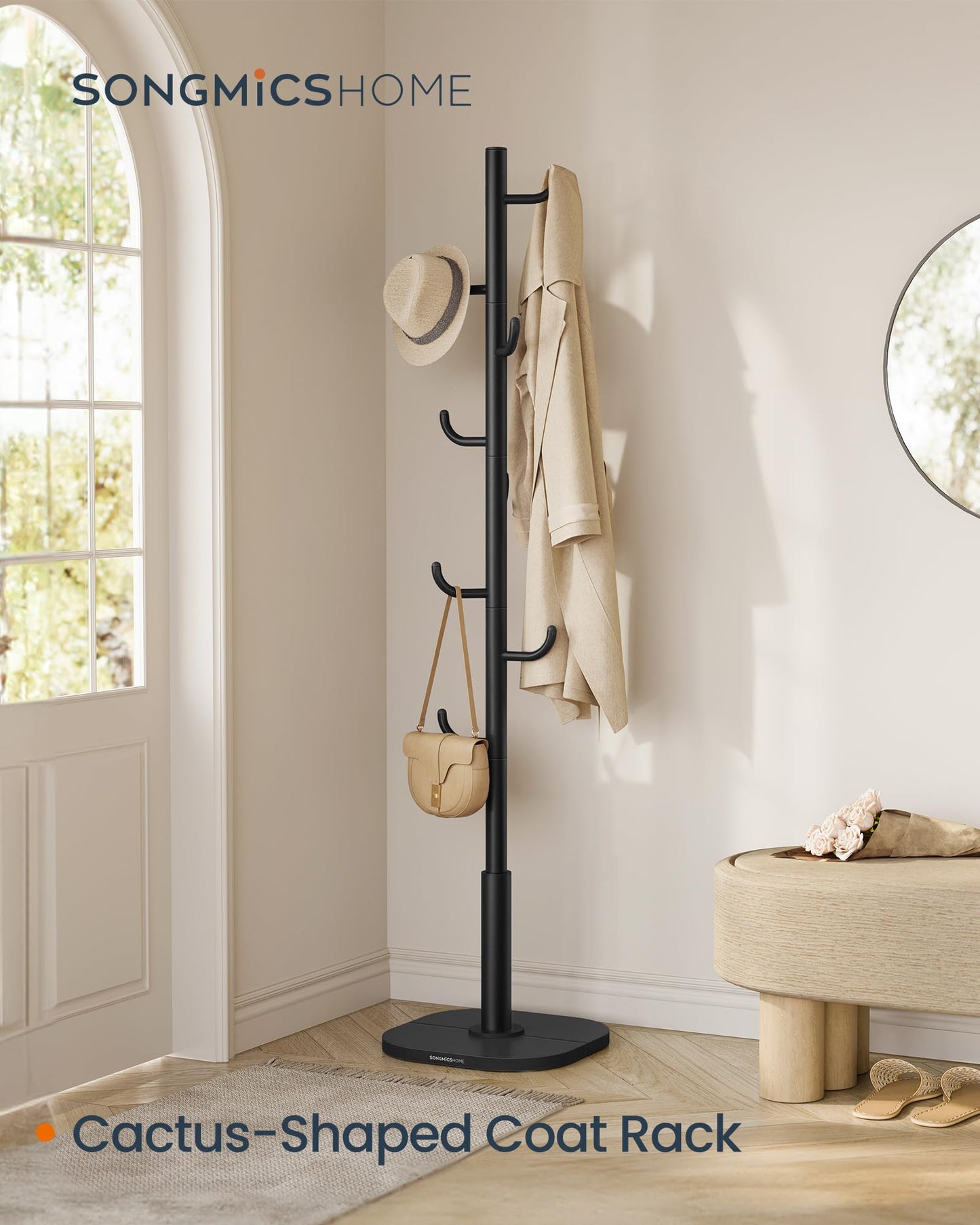 SONGMICS HOME Cactus-Shaped Coat Rack, Freestanding Coat Tree, Coat Hanger Stand with 8 Sturdy Hooks, with Curved Ends, for Clothes, Hats, Bags, Ink Black URCR039B01
