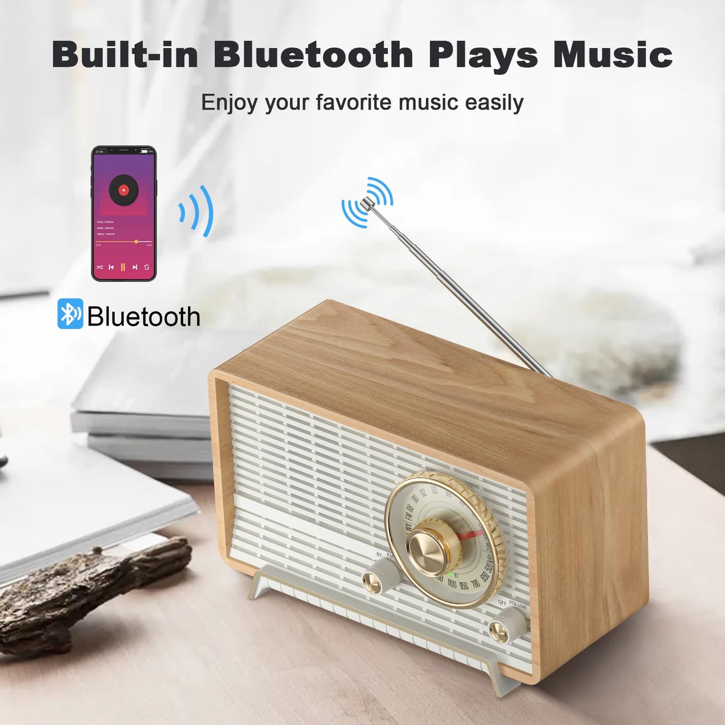 YOWGUIF AM FM Radio Classic Retro Wood Table Radio Bluetooth Speakers Radios Plug-in Wall with Rotary Knob Great for Home, Office
