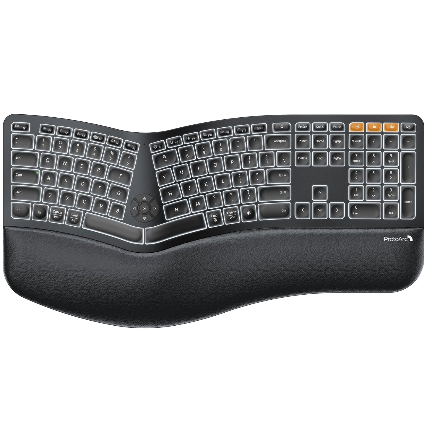 ProtoArc Backlit Wireless Ergonomic Keyboard, EK01 Plus Full Size Ergo Keyboard with Wrist Rest, Split Design, Rechargeable, Bluetooth and USB, Natural Typing Compatible with Windows/Mac/Android Black