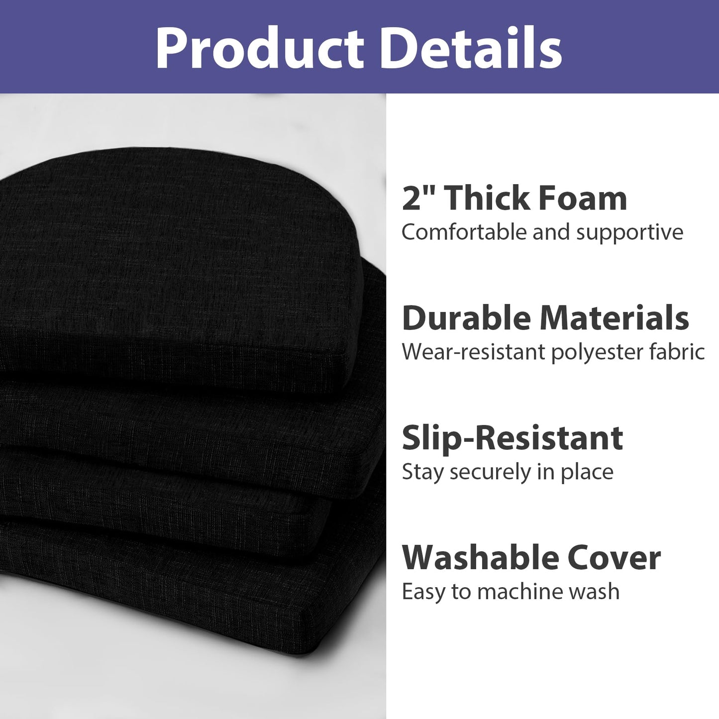 IPYNBAP Chair Cushions for Dining Chairs with Ties and Removable Cover, Dining Kitchen Chair Pads with Non-Slip Bottom, High Density Foam Indoor Seat Cushions, 16'' x 16'' x 2'', Set of 4, Black
