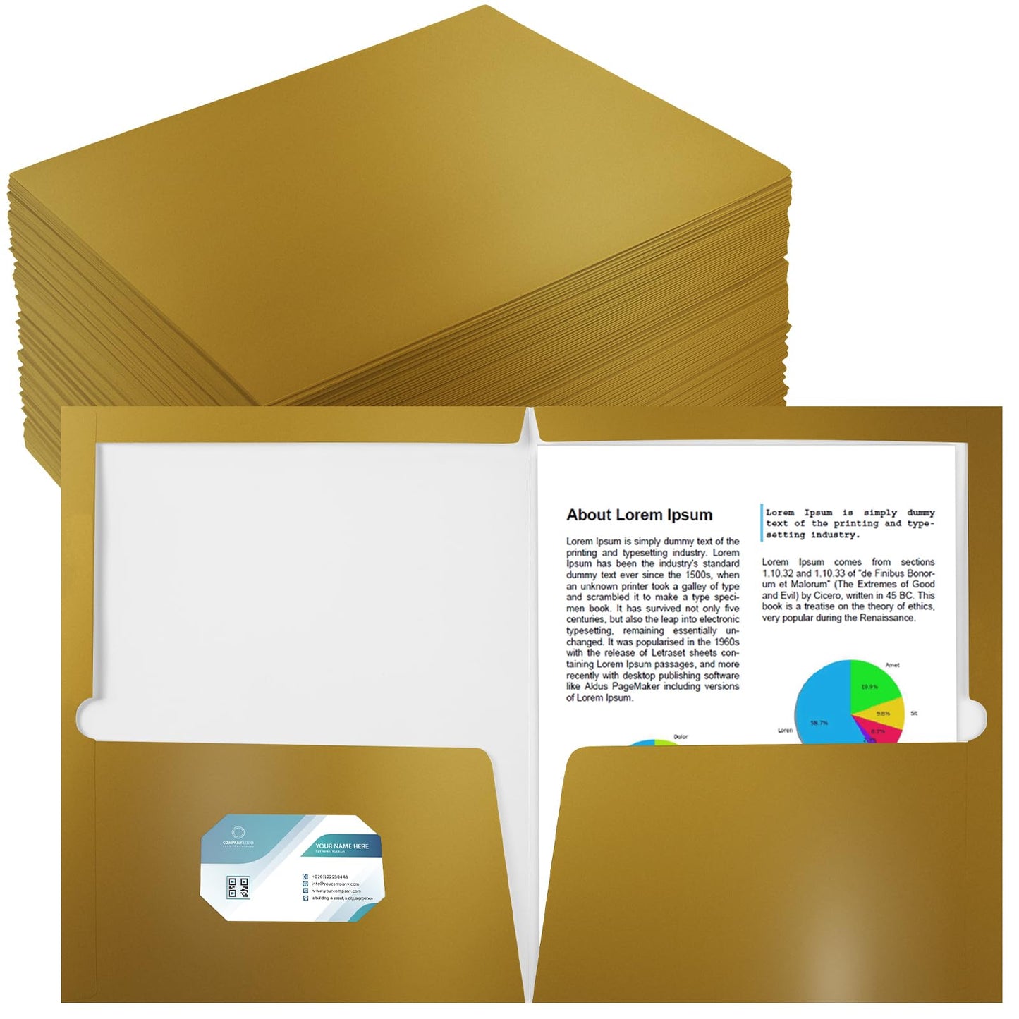 Yeaqee 100 Pack Folders Bulk with 2 Pockets Glossy Laminated Paper Folder First Day of School Presentation Letter Size Two Pocket File Portfolio Holder Back to School Items for Teacher Office (Gold)
