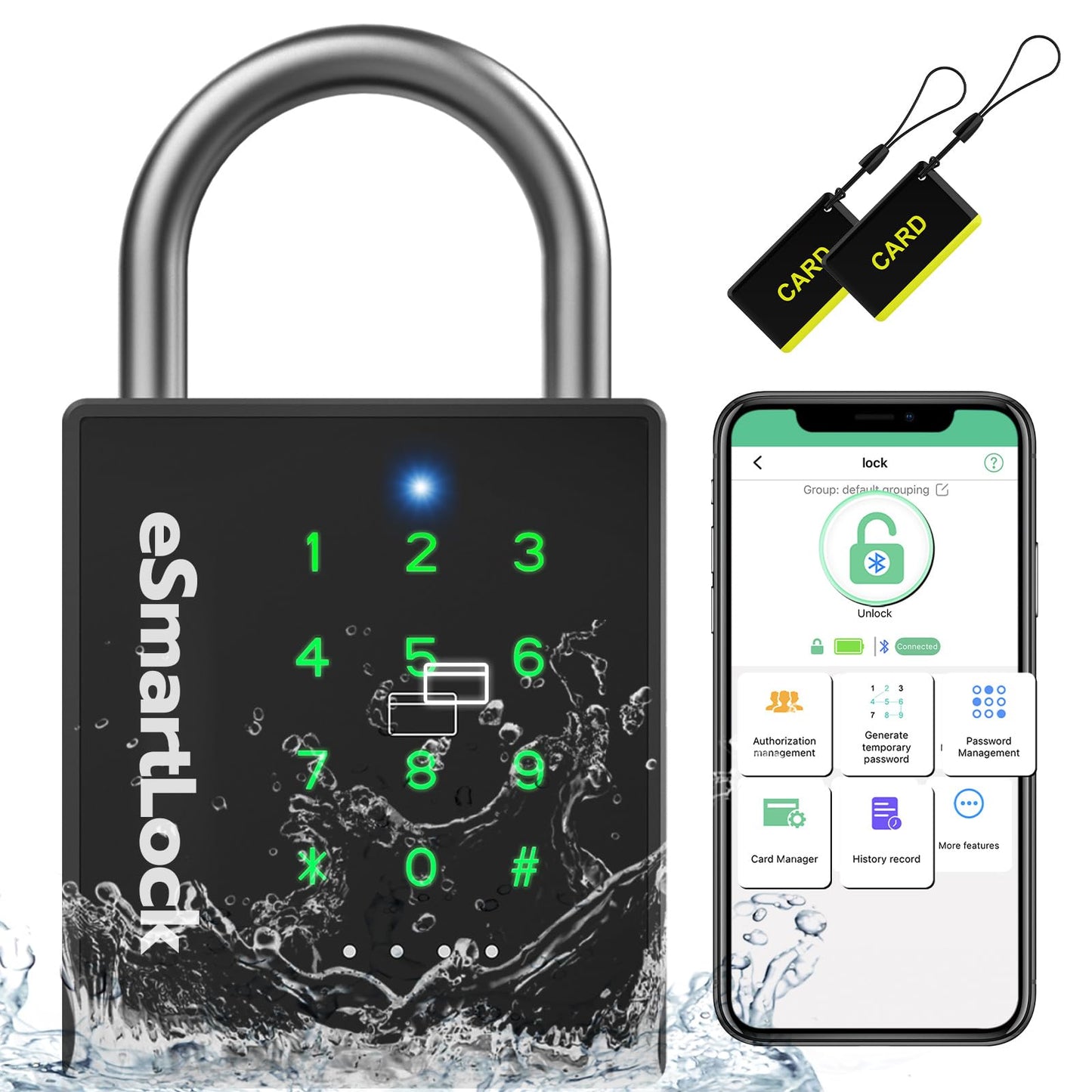 Pothunder Heavy Duty Smart Padlock, Bluetooth Padlock with Code and RFID, Outdoor Padlock with Key, Weatherproof Biometric Digital Lock for Gate, Sheds, Fence, Garage, Locker, Storage Unit