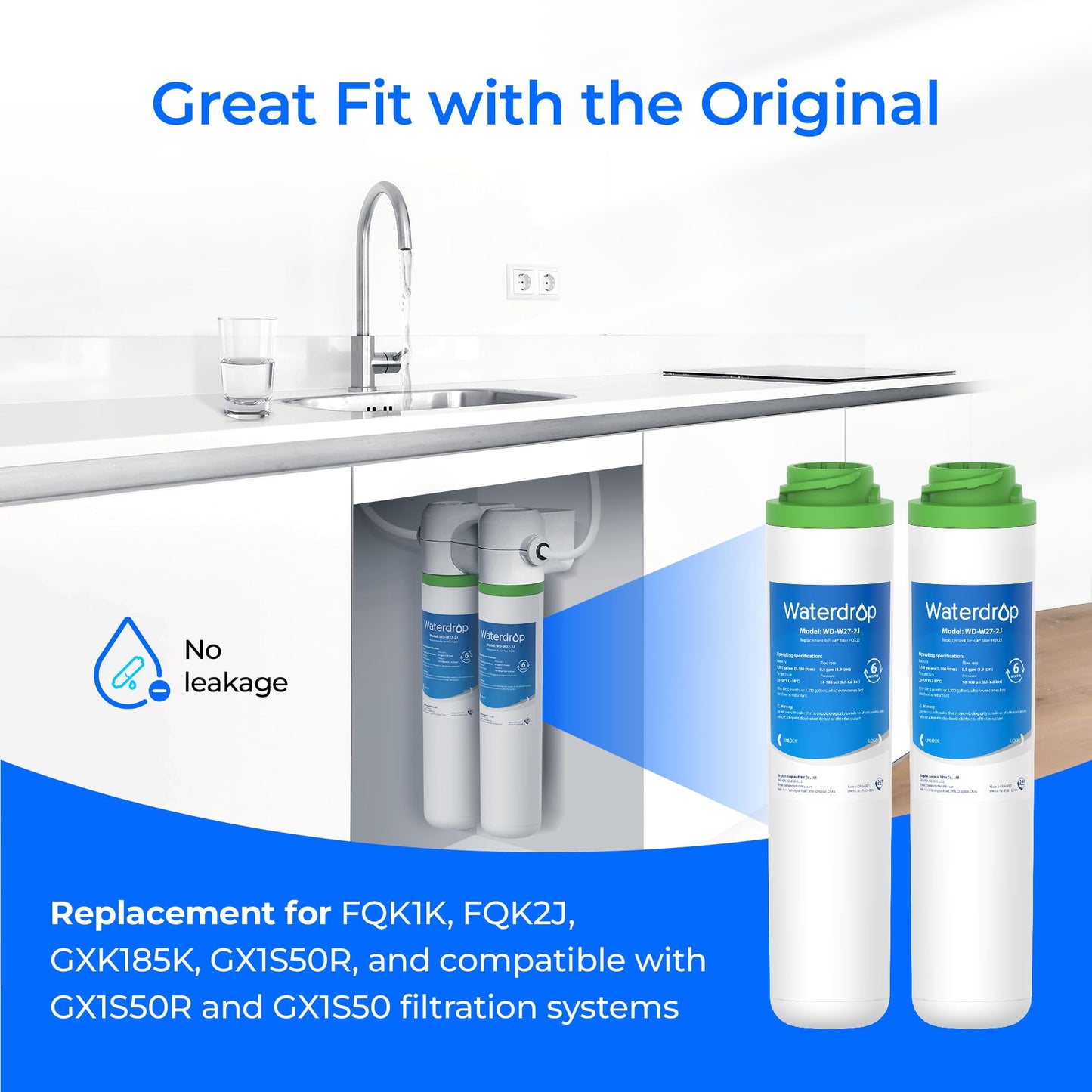 Waterdrop FQK2J Under Sink Water Filter, Replacement for GE FQK2J, FQK1K, Compatible with GE GXK255TBN, 1350 Gallons Dual Flow Drinking Water Replacement Filters, 4 Pack