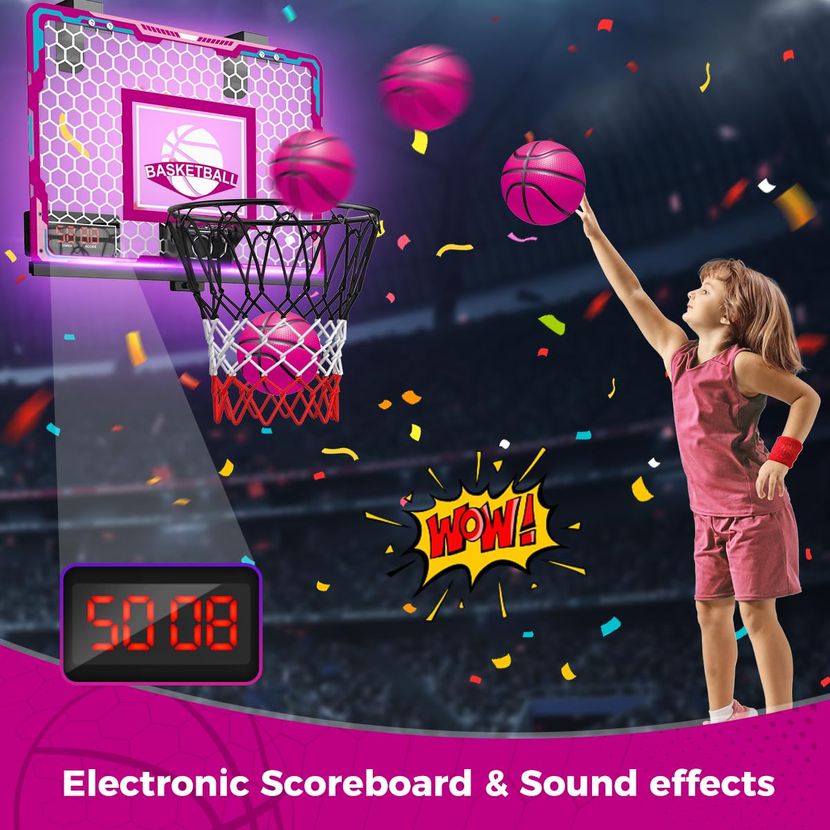 VATOS Basketball Hoop for Girls Indoor, Pink Remote Control Basketball Hoop with Electronic Scoreboard, Mini LED Basketball Hoop Basketball Set Toys Birthday Gifts for 3 4 5 6 7 Years Old Kids Girls