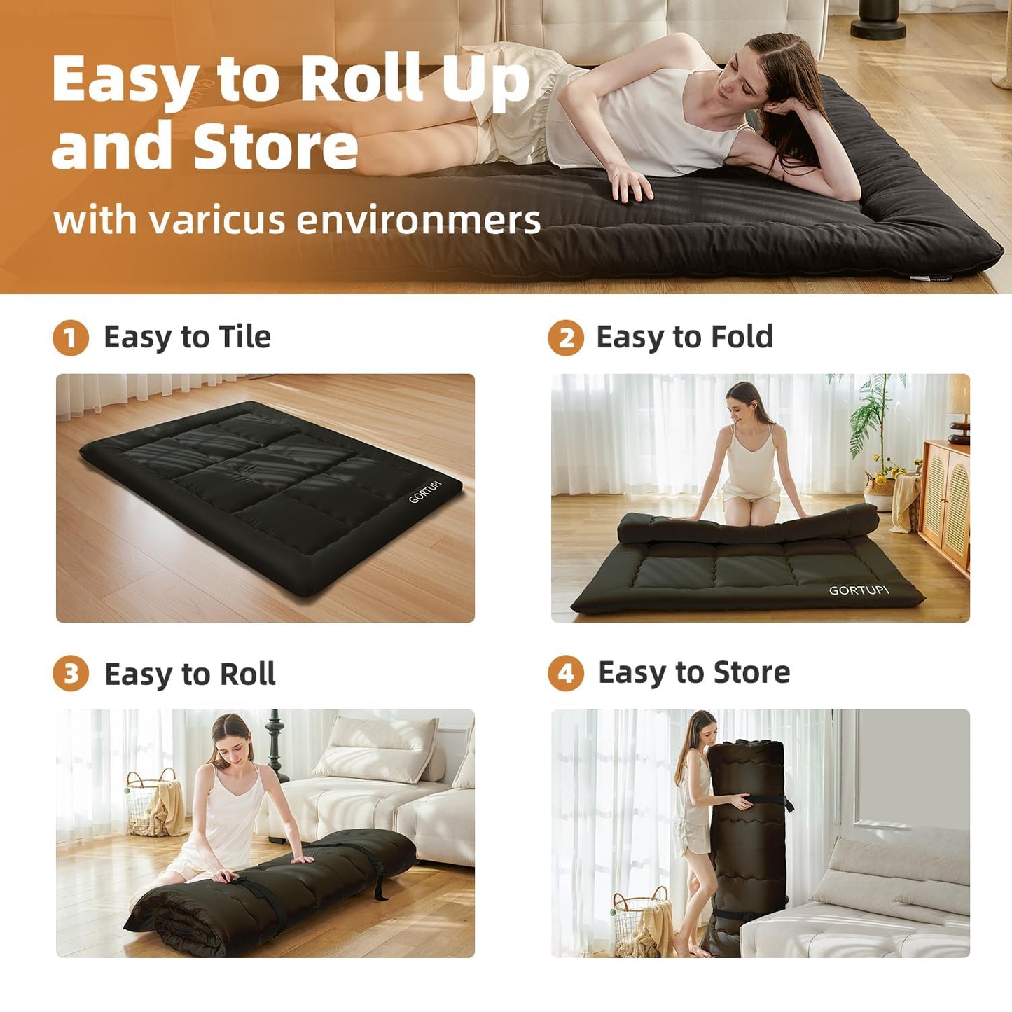GORTUPI Japanese Floor Mattress,Futon Mattress 3" Black Thicken 100% High Density Comfortable Foam,Foldable Tatami Mat Sleeping Pad,Portable Floor Mattress Sleeping Pad for Adults,Twin Size 39"x 80"