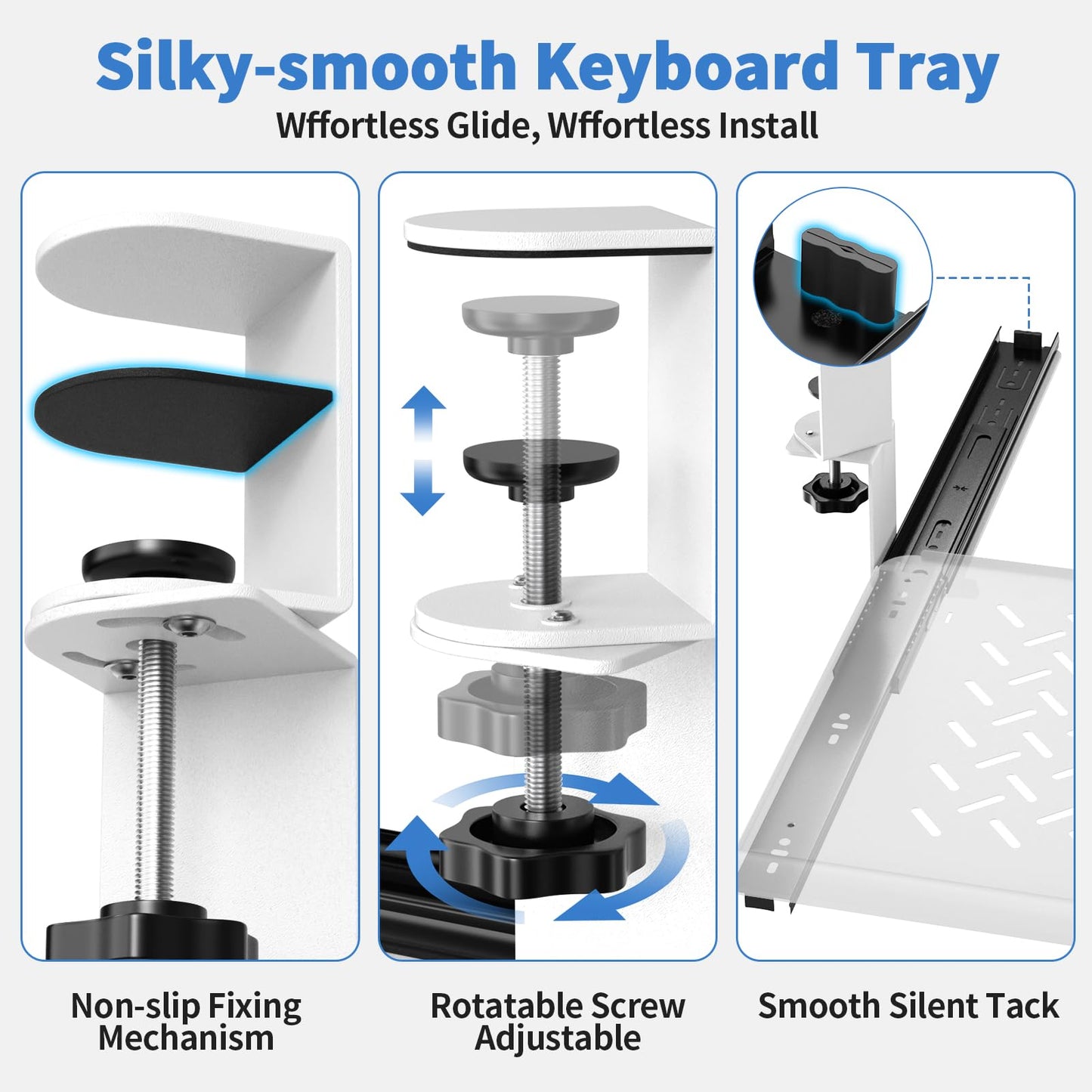Strifuture Keyboard Tray Under Desk - Full Metal Slide Out Holder, Rust-Resistant & Scratch-Proof, Double C-Clamps, 26x13" Tray for L Shape/Regular Desks, Standing/Sitting Workstation(White-A)