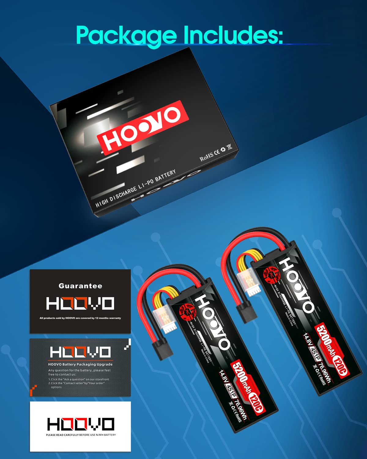 HOOVO 4S Lipo Battery 14.8V 120C 5200mAh RC Car Battery Hard Case with TR Plug Compatible for 1/8 and 1/10 RC Car Buggy Truggy Truck Slash 4X4 Crawler Monster 2 Pack