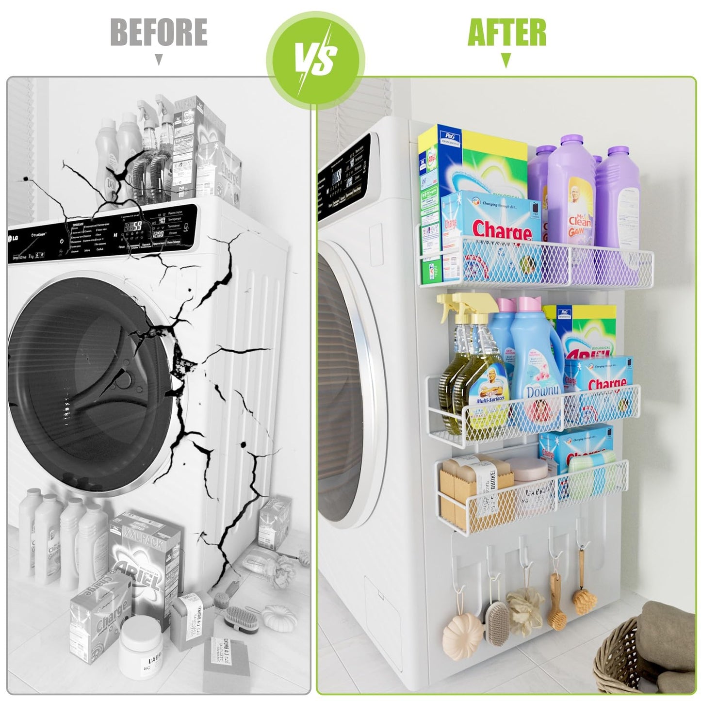 4 Pack Magnetic Shelves for Washing Machine, Heavy-Duty Magnetic Laundry Organizer with Hooks, Washing Machine Shelf for Refrigerator, Metal Storage Baskets, Closet & Laundry Room Organization(White)