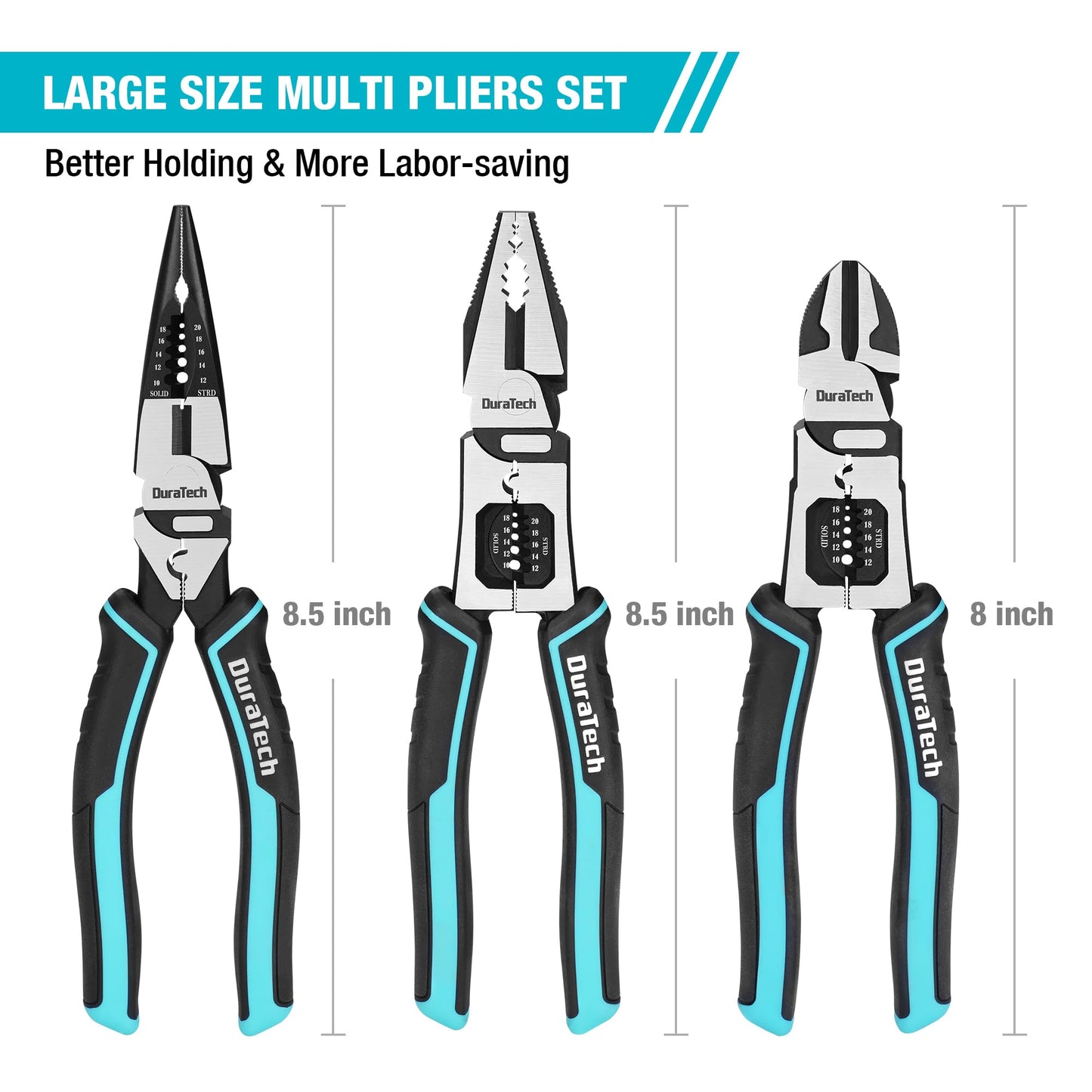 DURATECH 3PCS Pliers Set, Large 6 in 1 Multifunctional Wire Stripper Crimper Cutter, 8.5" Long Nose Pliers, 8.5" Linesman Pliers, 8" Diagonal Side Cutting