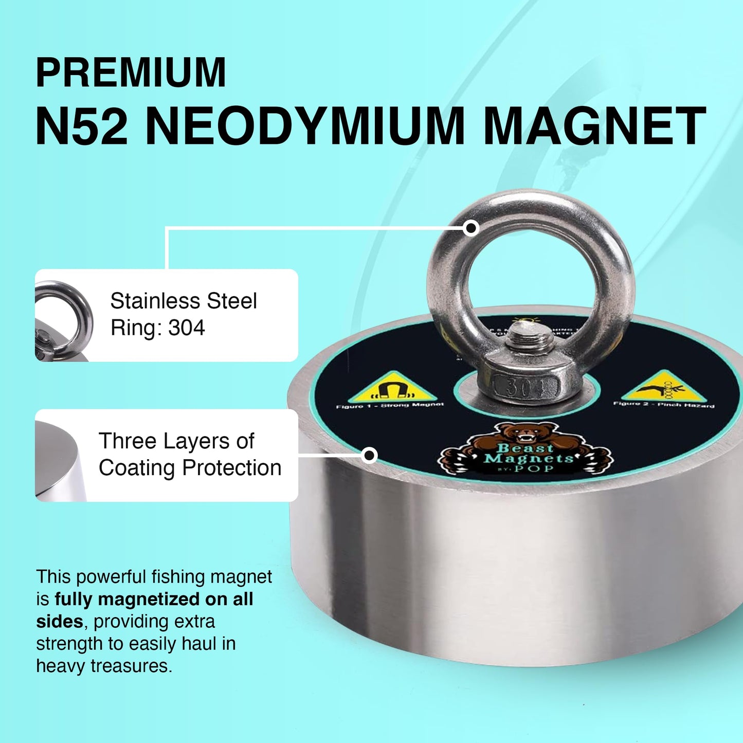 3600lb Complete 360 Degree Magnet Fishing Kit | Includes Strong 360 Neodymium N52 Magnets Durable 10mm 65ft Rope, Carabiner, Gloves