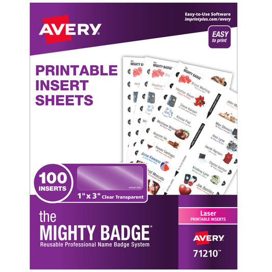Avery Reusable Magnetic Professional Name Badge System Refills, Inserts for 1" x 3" Name Tags, Compatible with Laser Printers, 100 Clear Printable Inserts (71210)