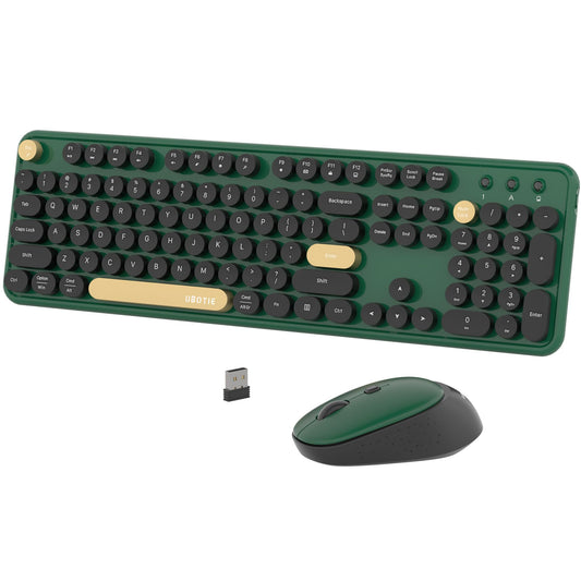 Colorful Wireless Computer Keyboards Mouse Combos, UBOTIE Polychrome Round Keycaps Retro PC Keyboards 2.4GHz Radio Frequency Connection with Optical Mouse(Green-Black)