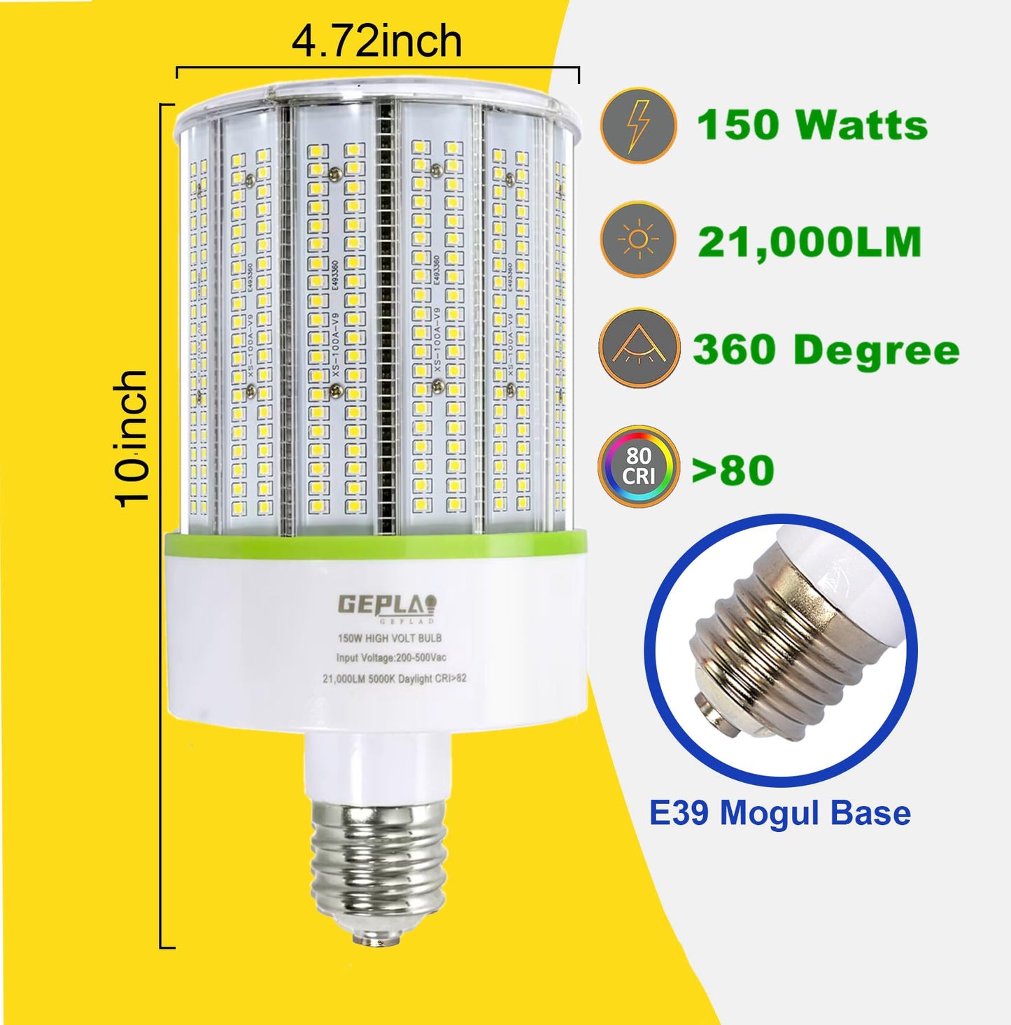 480 Volt 150W E39 Mogul Base LED Bulb, LED Corn Cob Light Bulb 21,000 Lm 5000K Daylight, 400w-600w MH/HPS Replace for Garage Warehouse High Bay Parking Lot Lighting Commercial & Industrial AC200-500V