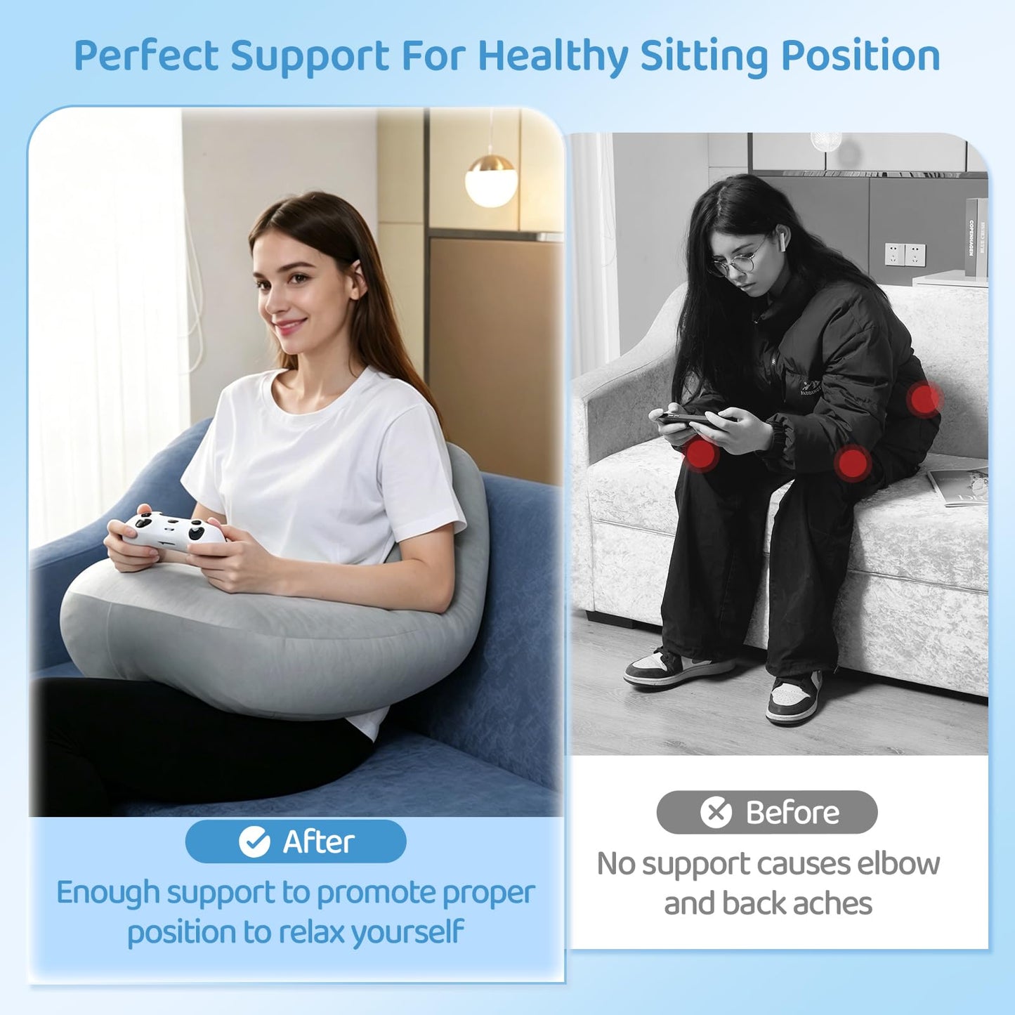 Pyurifai Crochet Pillow for Lap Support - Reading Pillow for Laptop with Extra Back Pillow for Support, Enlarged Gaming Pillow for Lap, Multi-Purpose Reading Pillow for Gaming/Working/Crocheting, Grey