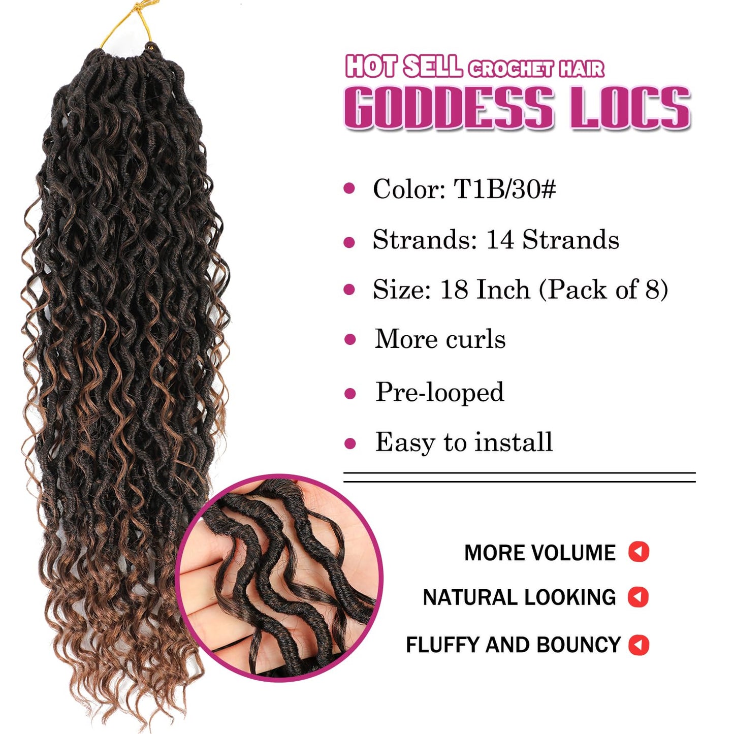 8 Packs Goddess Faux Locs Crochet Hair for Black Women, Goddess Locs Crochet Hair, Boho Style Locs, River Locs Crochet Hair with Curly Ends (18Inch, T30#, 8Packs)