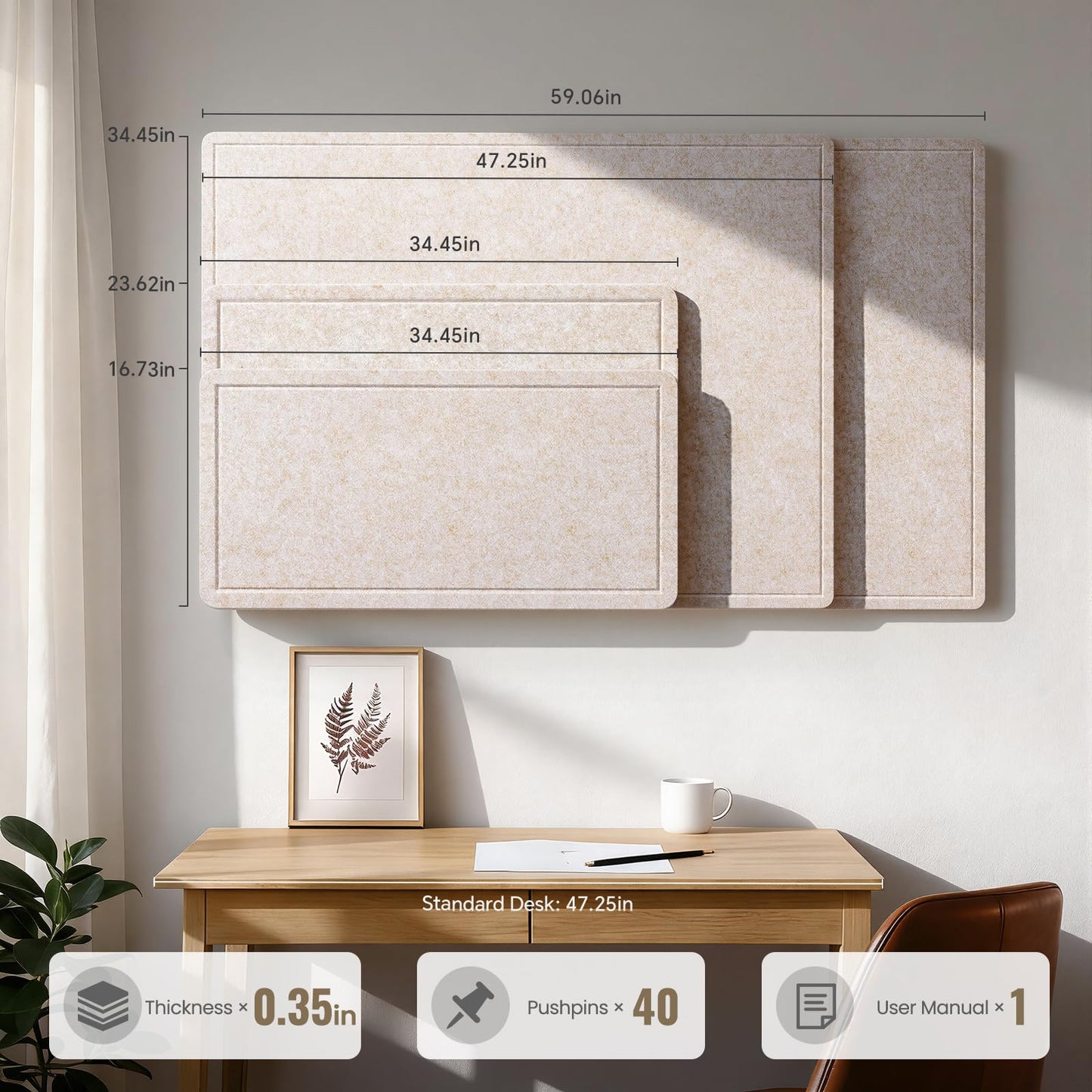 Large Bulletin Board, 48 X 35 Inches Felt Cork Board with 40 Pushpins, Foldable Felt Notice Pin Board Photo Display Board with Self-Adhesive Tape for Office Home School (Oatmeal, 48x35 inch)