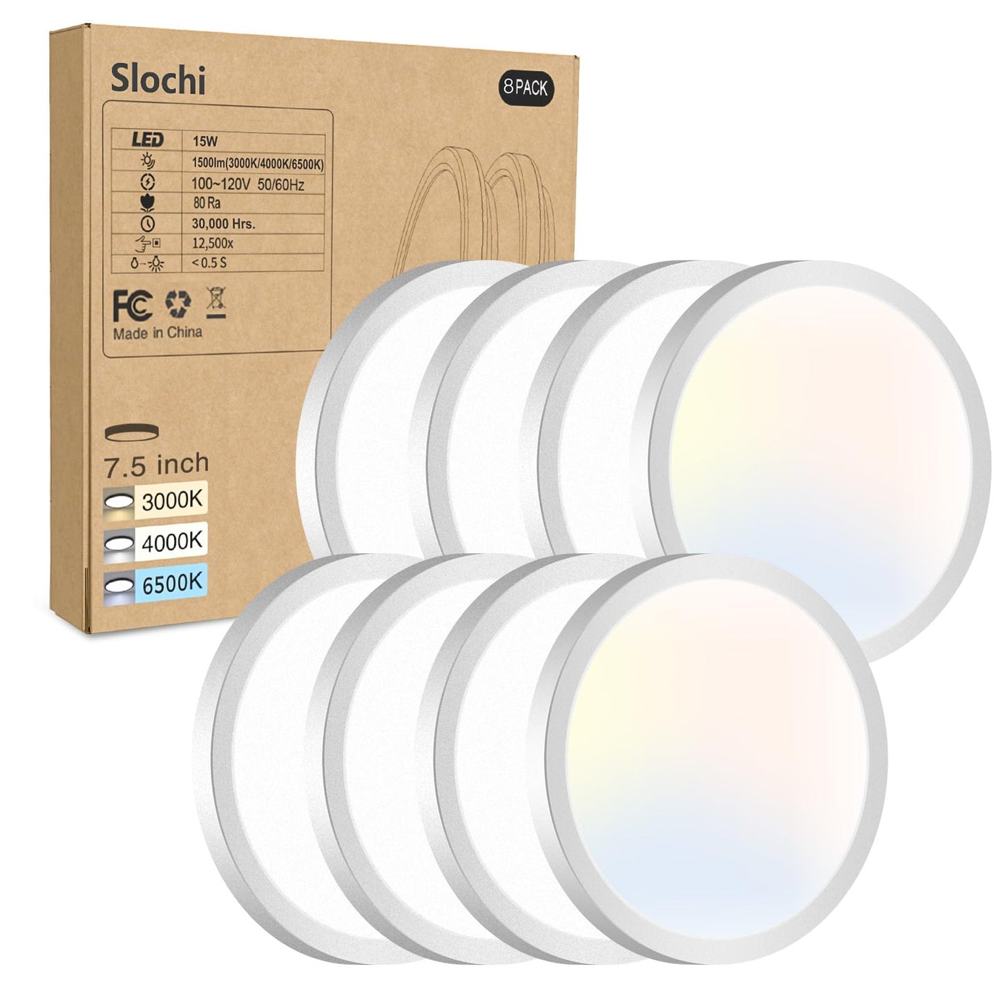 8PACK LED Flush Mount Ceiling Light Fixture, 3000K-4000K-6500K & 100W Equivalent Modern Kitchen Recessed Ceiling Lamp 15W 1500Lm 7.5 Inch Closet Round Surface for Bathroom Laundry Bedroom Hallway