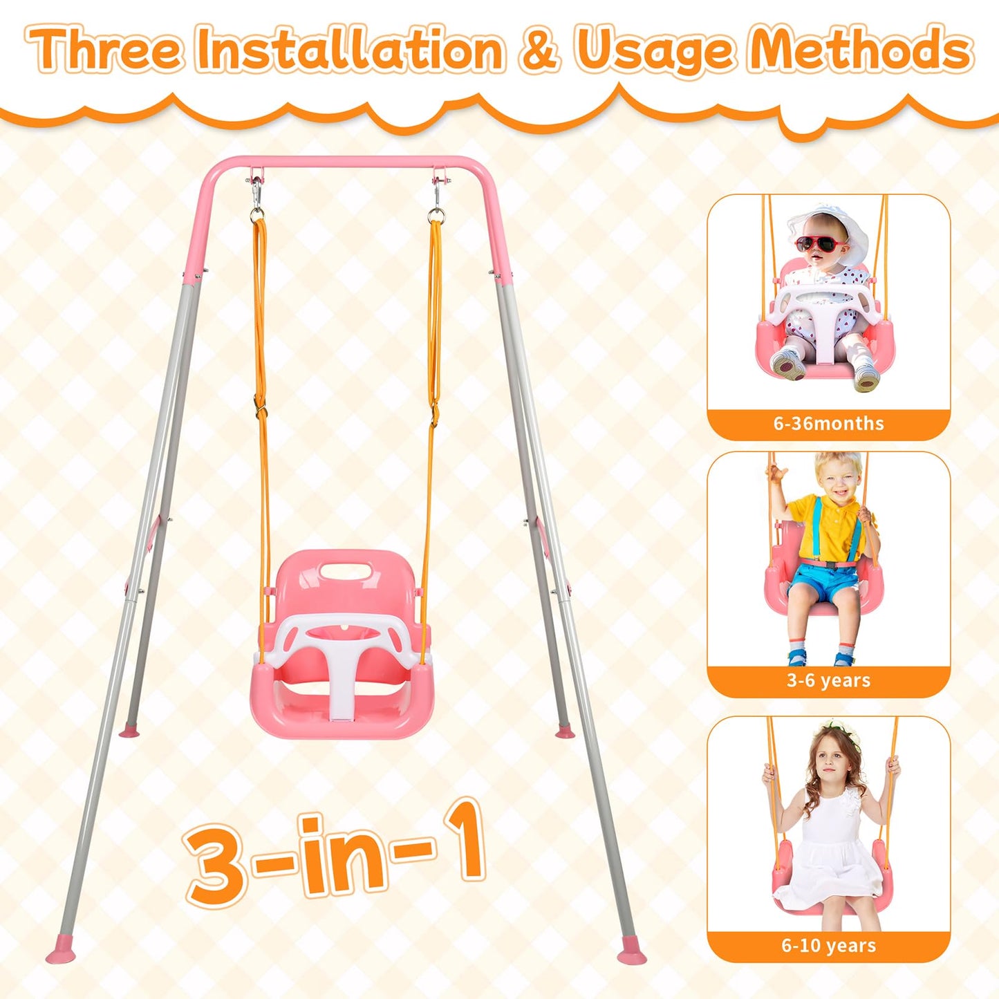 3-in-1 Toddler Swing, Foldable Indoor & Outdoor Baby Swing, Multifunctional Swings for Children 6 Months and Older, Easy to Assemble and Store for Backyard Play