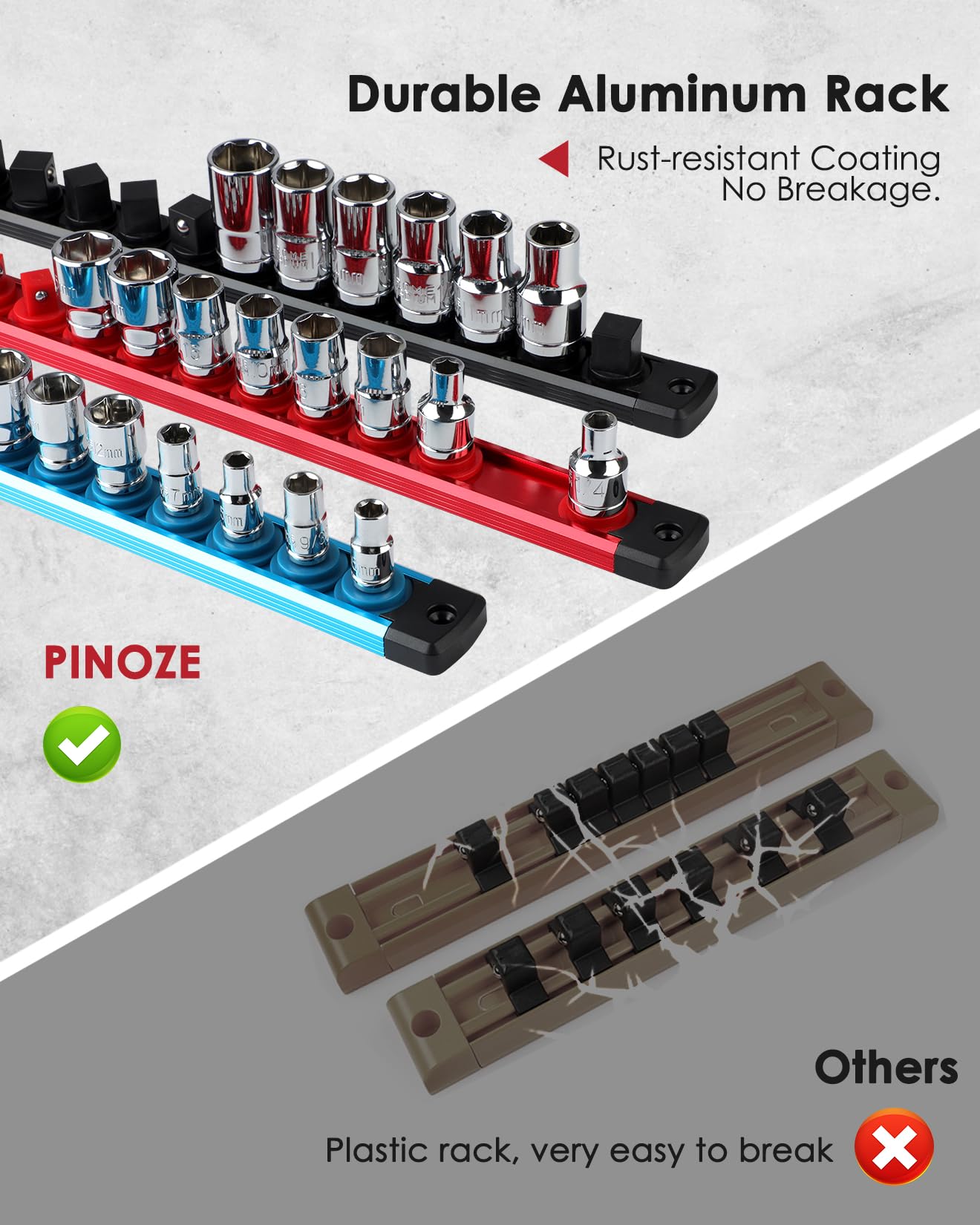 PINOZE 8PCS Magnetic Socket Holder Organizer Set - 1/4, 3/8, 1/2 - Aluminum Alloy Socket Rail Trays for Tool Box Drawer, Socket Rack Kit with 114Pcs Clips for Automotive Garage(Blue Red Black)