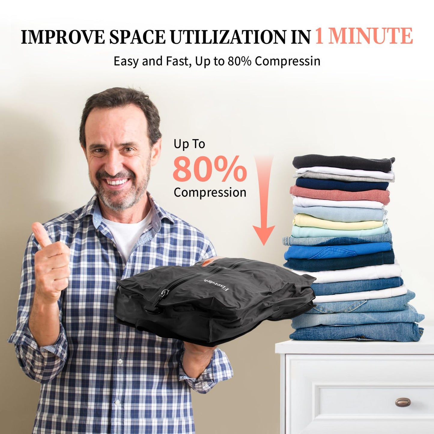 Vacuum Compression Bags for Travel with Electric Pump, Space Saver Vacuum Seal Bags for Clothing with IPX8 Waterproof Zipper, Reusable & No Odor for Suitcase and Backpack, Gray (2PC+Pump)