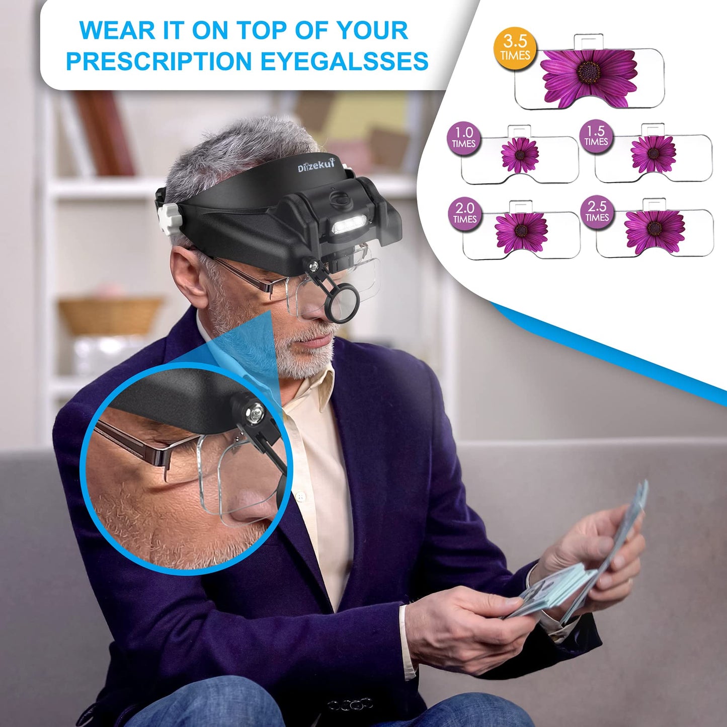 Dilzekui Magnifying Glass with Light 1X to 14X, Rechargeable Magnifying Glasses, Head Mount Manifying Glass, Headset Magnifier with Detachable Lens, Headband Magnifier for Close Work Jewelers Crafts