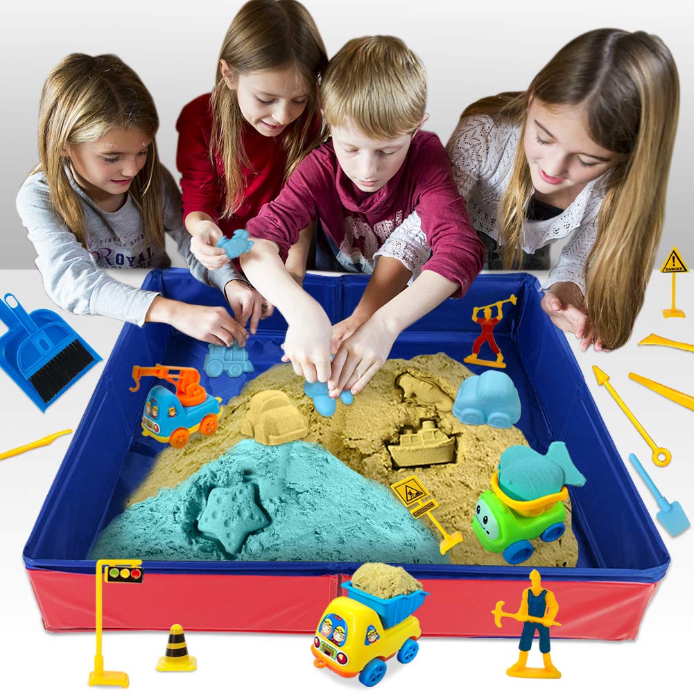 Play Construction Sand Kit - 3lbs Sand with 2 Colors, 6 Mini Construction Trucks, Construction Toys and Signs, Animal Mold, Modeling Tools, Foldable Sandbox with Clean Set Gifts for Boys Girls