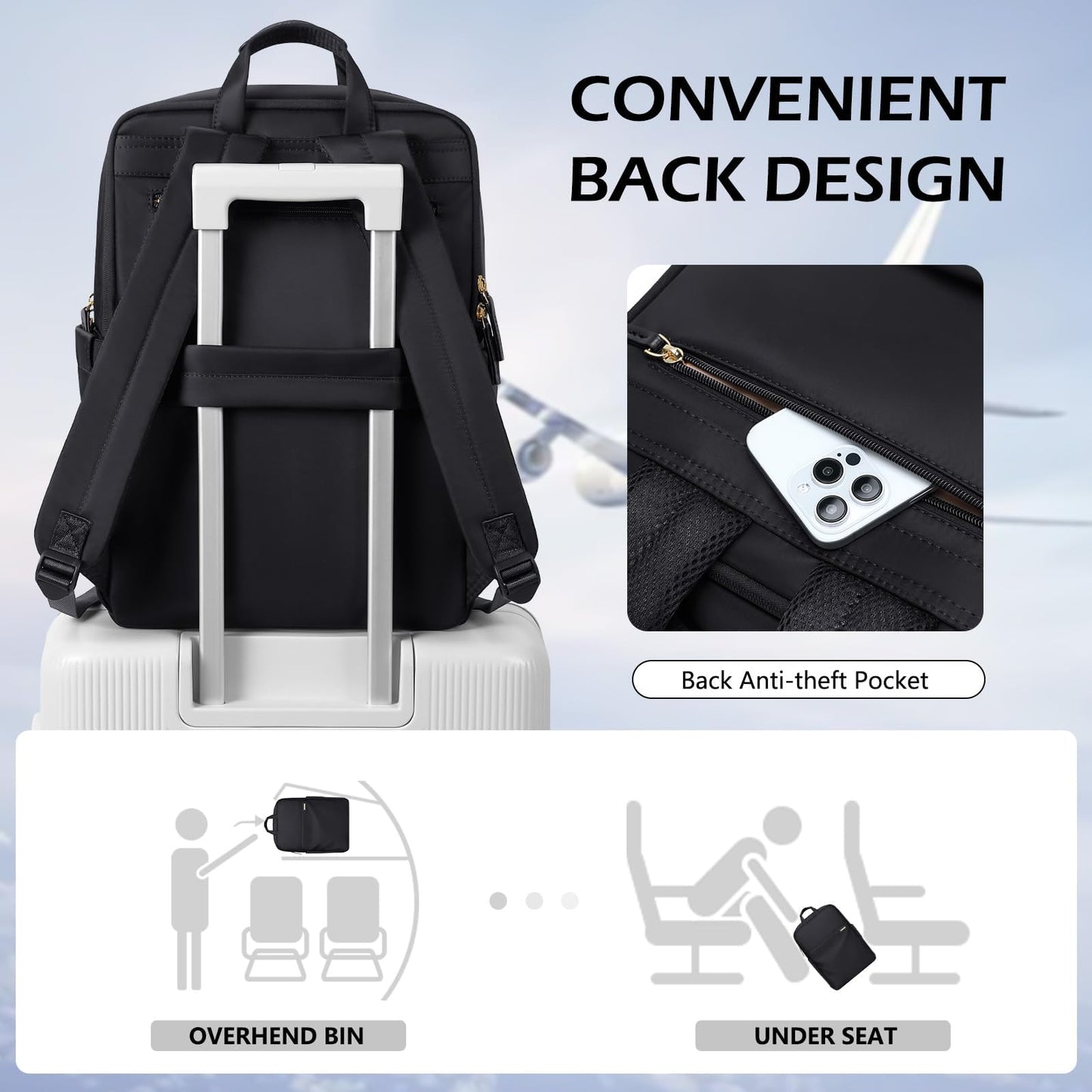 GOLF QUALITY Slim Laptop Backpack for Women, Lightweight Business Backpack for Women Computer Bag Purse for Commuting, Fit 16 Inch, Black