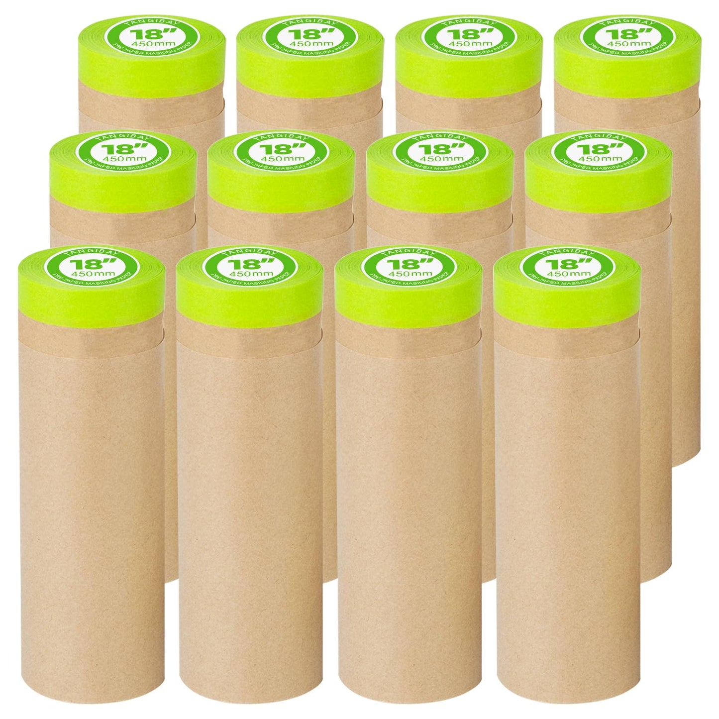 Tangibay Pre-Taped Masking Paper for Painting - 18 inch x 50 feet Tape and Drape Painters Paper, Paint Adhesive Protective Paper Roll for Covering Skirting, Frames, Cars and Auto Body (12 Rolls)