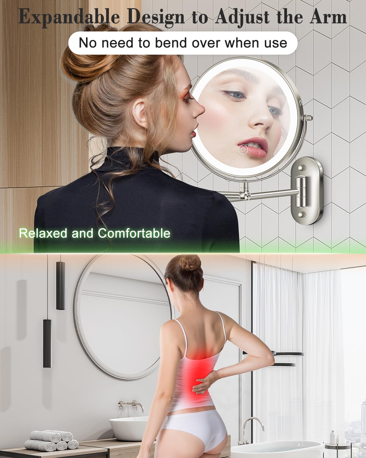 9'' 30X/1X Wall Mounted Lighted Makeup Mirror, Height Adjustable Double Sided 5000mAh Rechargeable Magnifying Bathroom Mirror with Light, 3 Color Modes Touch Dimmable Extended Arm 360 Rotation
