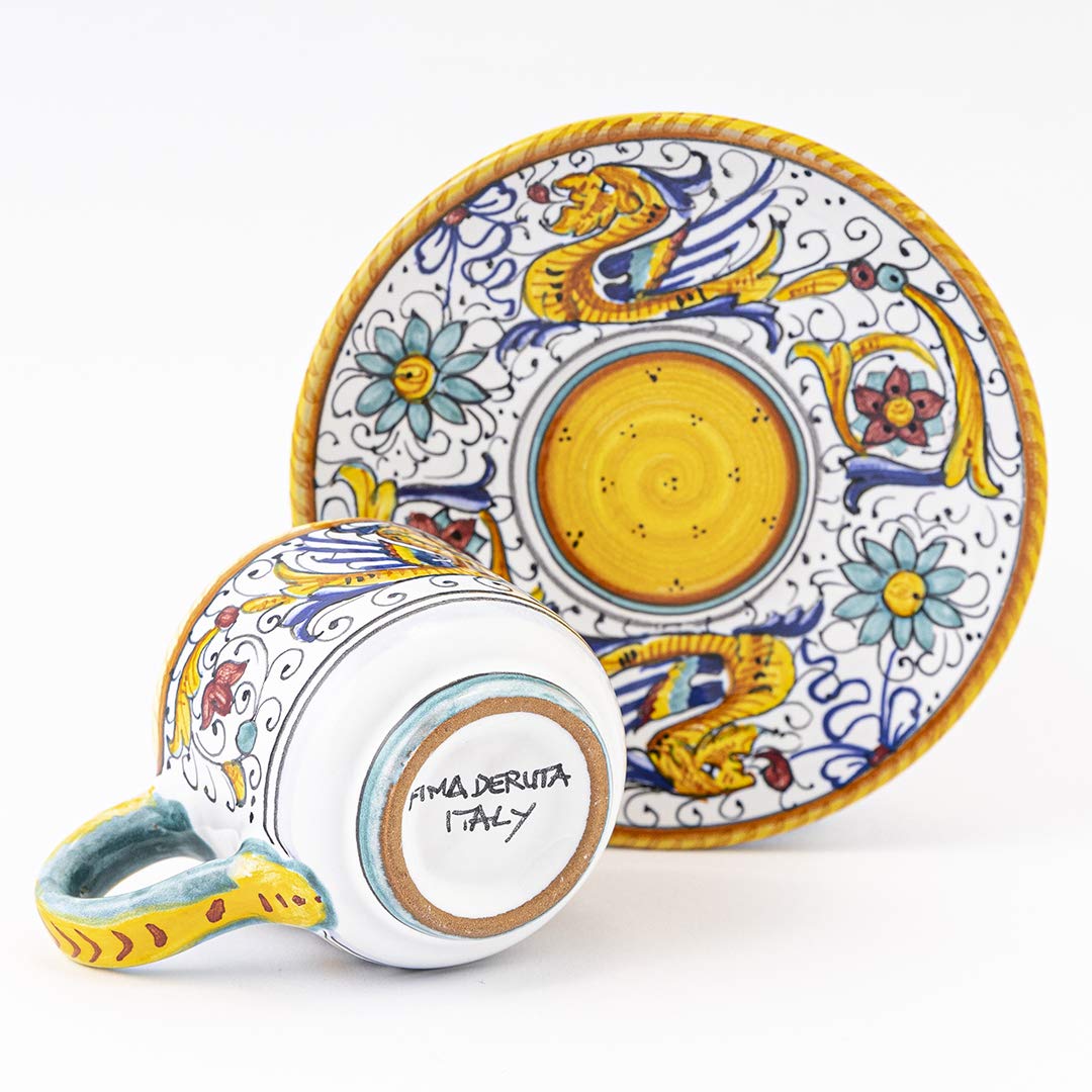 Fima ThatsArte.com - Italian Ceramic Espresso Cup & Saucer Raffaellesco, Deruta - Hand Painted, Handmade Coffee Cup Made in Italy, Deruta Pottery