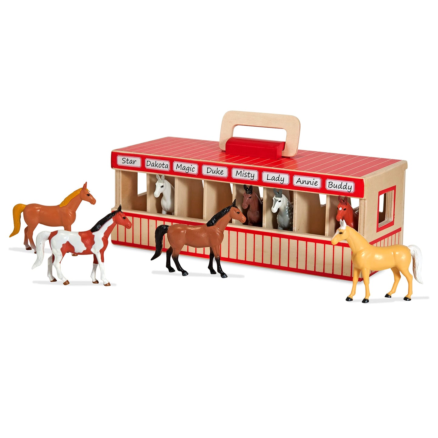 Melissa & Doug Take-Along Show-Horse Stable Play Set with Wooden Stable Box and 8 Toy Horses, Barn Play Set, Portable Toy, for Kids Ages 3+