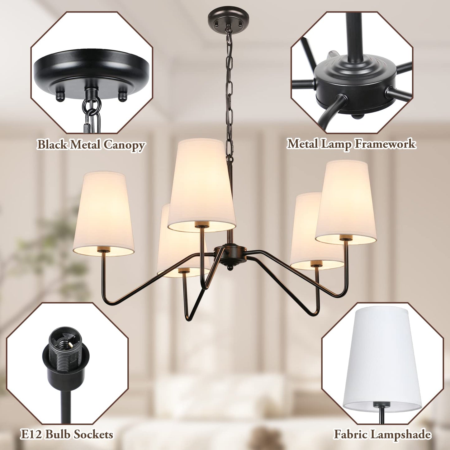 5-Light 30” Modern Chandelier with White Shades, Classic Pendant Ceiling Light Fixture for Dining Room, Black Chandelier with E12 Base Hanging Lamp for Living Room Hallway Bedroom, Height Adjustable