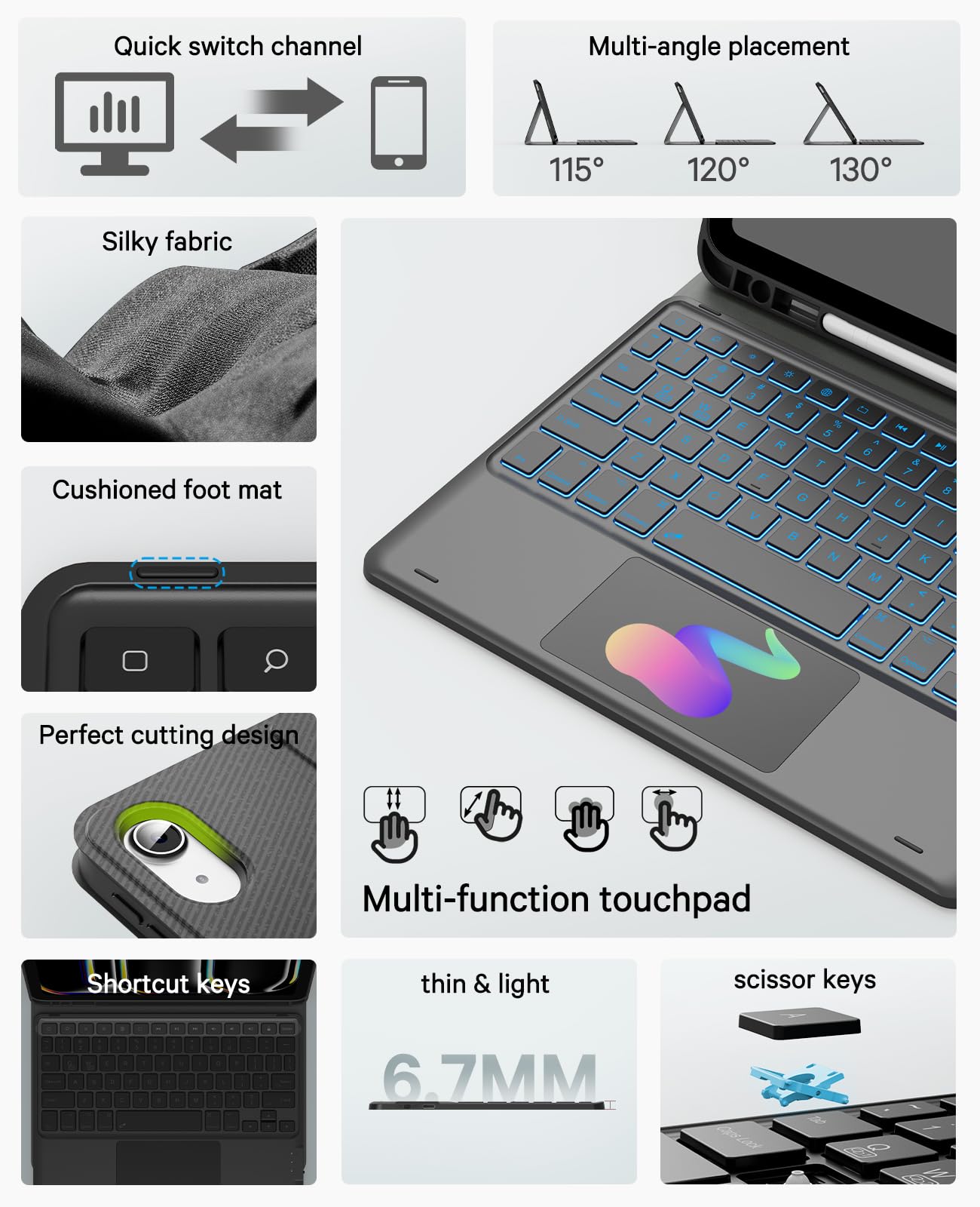 CHESONA For iPad 10th Generation Case with Keyboard (10.9", 2022), 7 Color Backlight, Multi-Touch Trackpad, Flip Stand Case with Pencil Holder, 2 Bluetooth Channels for iPad 10th 10.9 inch 2022, Black