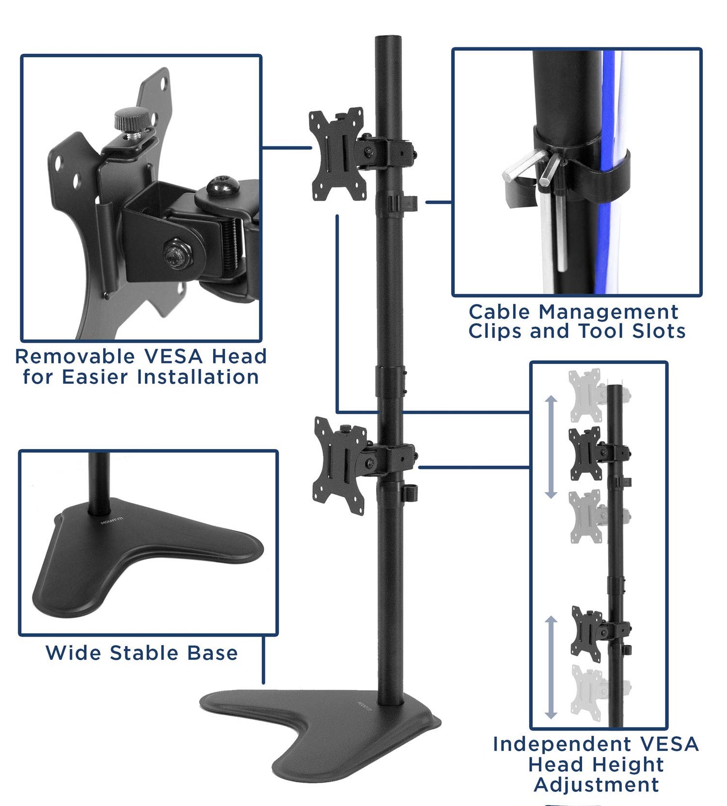 Mount-It! Vertical Dual Monitor Stand, Freestanding Stacked Monitor Mount for 2 Screens 17–32", Height Adjustable, Tilt Swivel Rotate, Portrait or Landscape, Holds 17.6 lbs per Arm, No Desk Clamp Needed