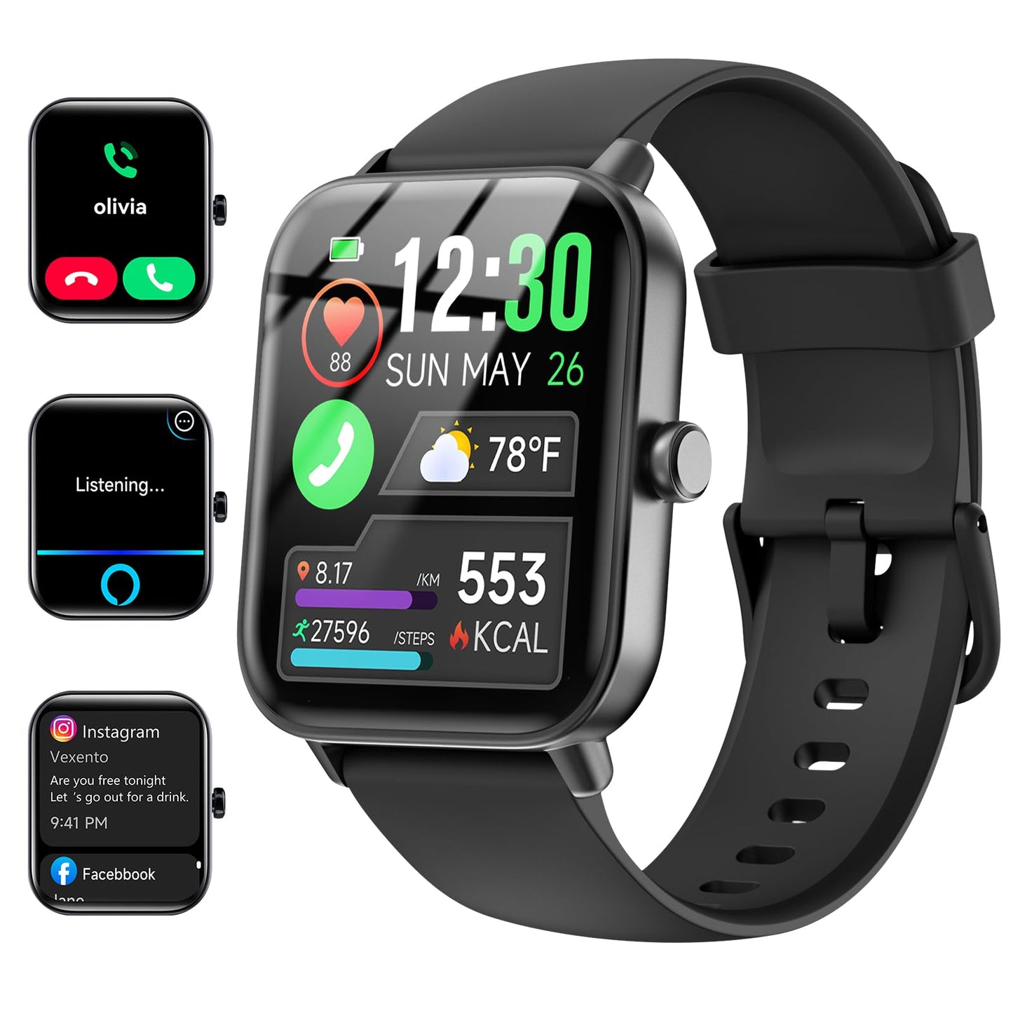 Smartwatch for Men Women, Alexa Built-in, 1.8" Fitness Tracker, IP68 Waterproof Smartwatch for Android & iPhone with Bluetooth Call (Answer/Make), Heart Rate/SpO2/Sleep Monitor/Pedometer, Black