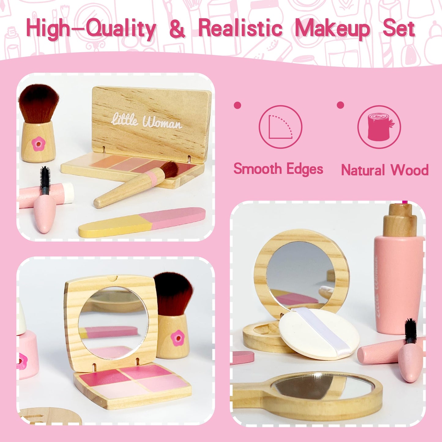 ManManLine Wooden Pretend Makeup Toy Set for Girls, Realistic Cosmetic Kit with Lipstick & Mirror, Pretend Play Gift for Toddlers & Kids Ages 3-8