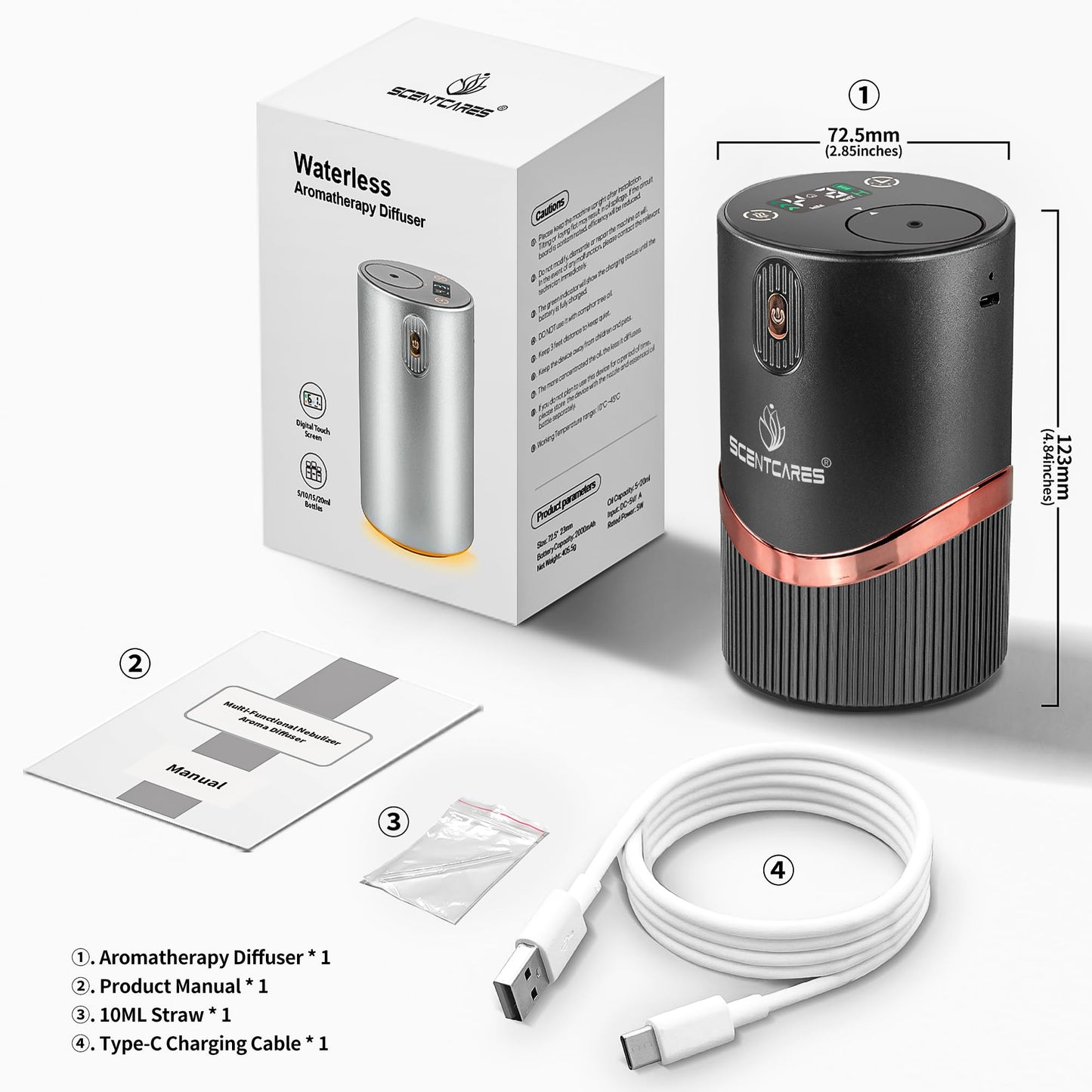 Waterless Diffuser for Essential Oil, Waterless Diffuser - Car Diffuser with Warm LED, Automatic Power-Off, Multifunction 4 Cold Mist & Timer 1/2/4/6H