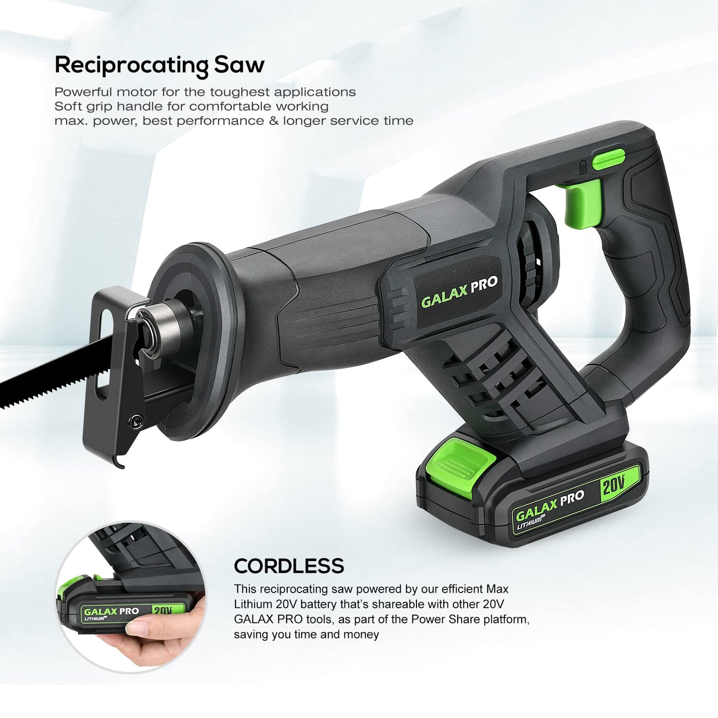 GALAX PRO Cordless Reciprocating Saw with 20V 2.0Ah battery, 0-3000RPM Variable Speed Power Reciprocating Saws with 7/8" Stroke Length,5pcs Zallsaw Blade for thin wooden board, soft metal Cutting