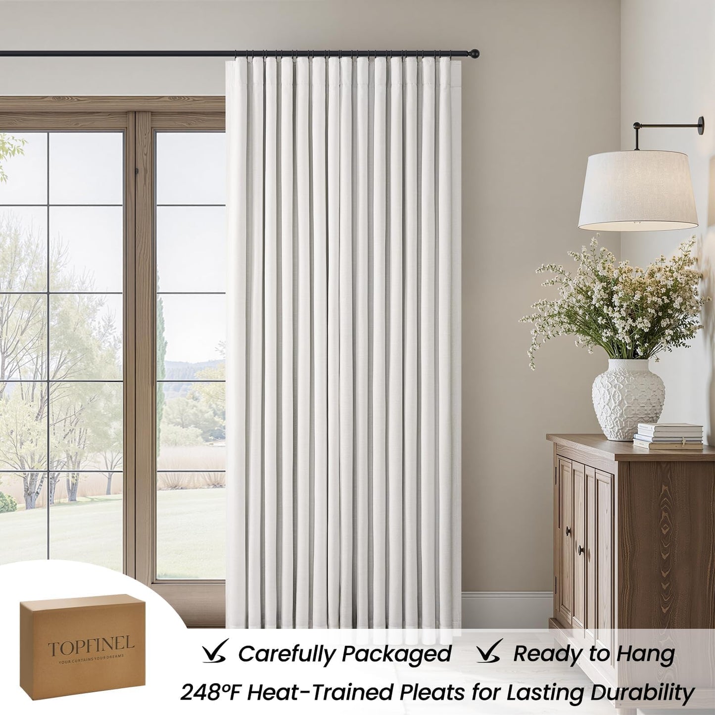Topfinel 84 Inch Long Natural Blackout Curtains White Linen Panels, Farmhouse Back Tab Pinch Pleated Drapes for Track System,Neutral Linen Ambiance & Privacy Drapes Natural 52" W*84" L