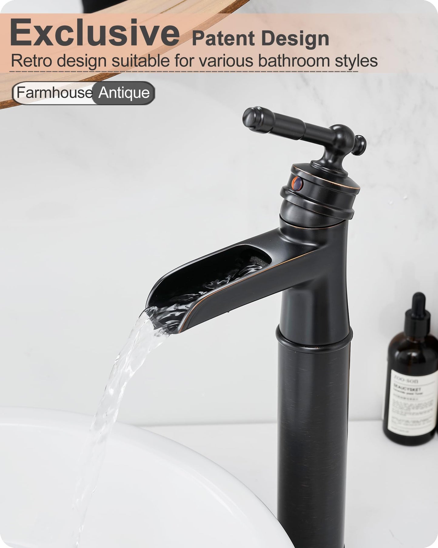 HOIGY Brass Vessel Sink Faucet Oil Rubbed Bronze, Waterfall Tall Bathroom Faucet 1 Hole with Single Handle, Pop-Up Drain & Water Hose for Farmhouse Vanity Restroom Vessel Bowl Sink, 5 Mins Install