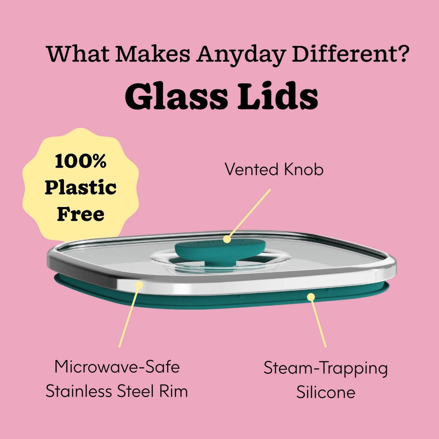 Anyday 10-Cup Square Glass Food Storage with Glass Lid | Plastic-Free Meal Prep & Microwave Cookware | Stackable Airtight Storage Container with Vented Lid for Microwave-Safe Reheating