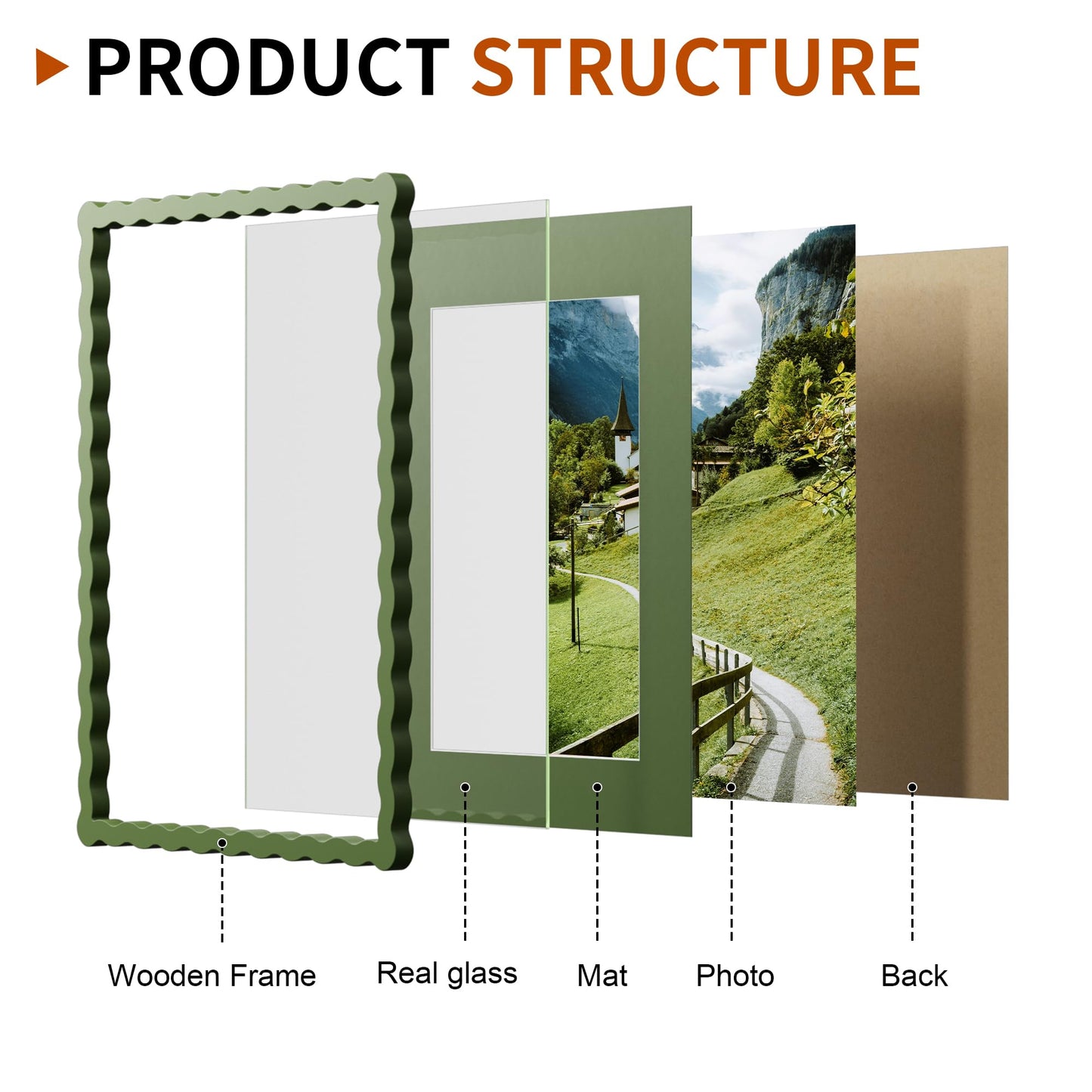 Chrspk 11x14 Wavy Picture Frame With Mat For 8x10, Wavy Edge Wooden Picture Frame with Real Glass - Wall Mount Display, Green, 2 Pack