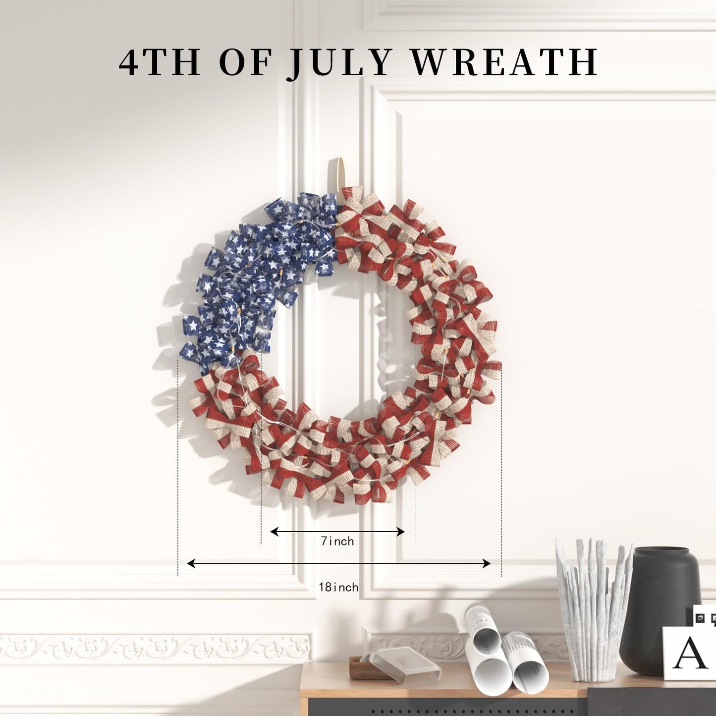 Patriotic Wreath 18 Inch American Flag Wreath for Front Door, Burlap Red White and Blue Decor with Stars Stripes and Timer-Equipped Light Strip for 4th of July Memorial Day Veterans Day