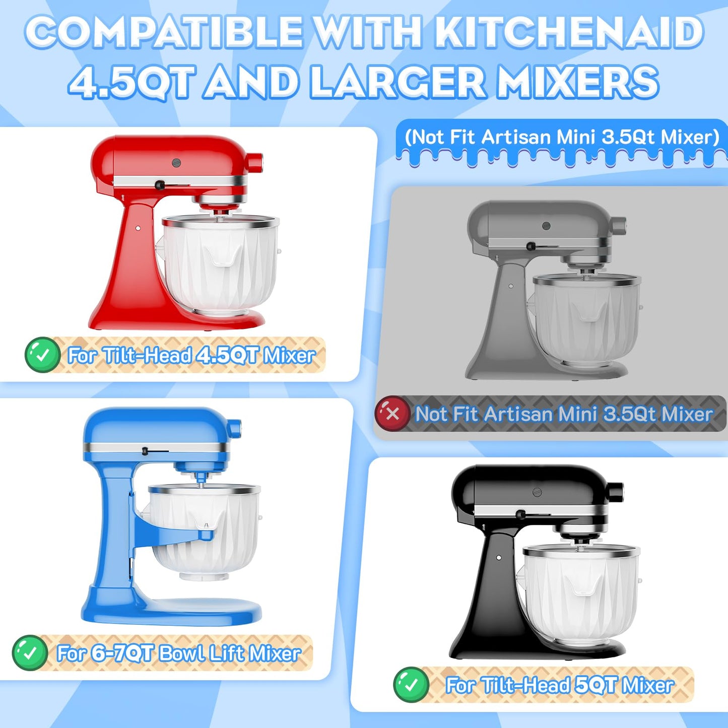 Ice Cream Maker Attachment for KitchenAid Stand Mixers, 2 Quart Ice Cream & Sorbet Gelato Maker Attachment - Fits 4.5QT and Larger KitchenAid Stand Mixers by GVODE