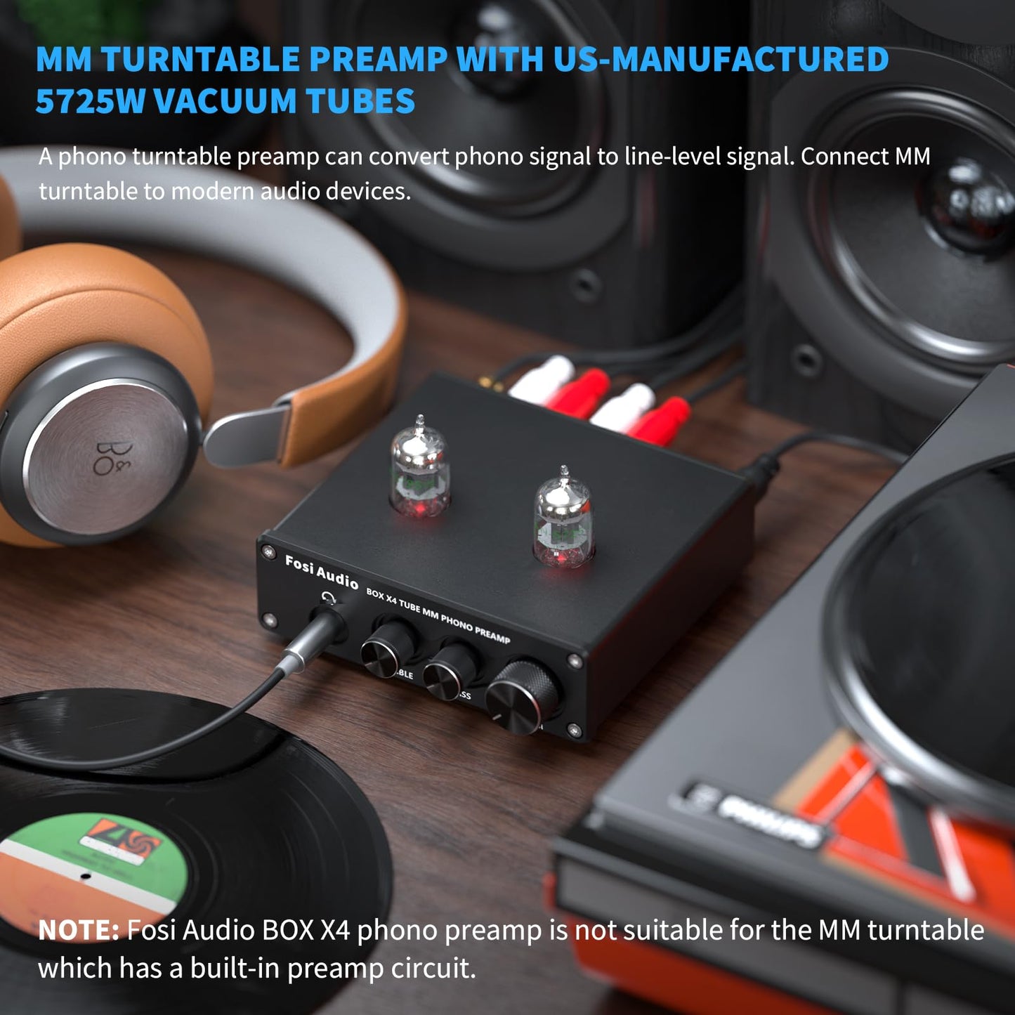 Fosi Audio Box X4 Phono Preamp with JAN 5725W Vacuum Tubes for MM Turntable Phonograph Record Player with Volume Bass Treble Control