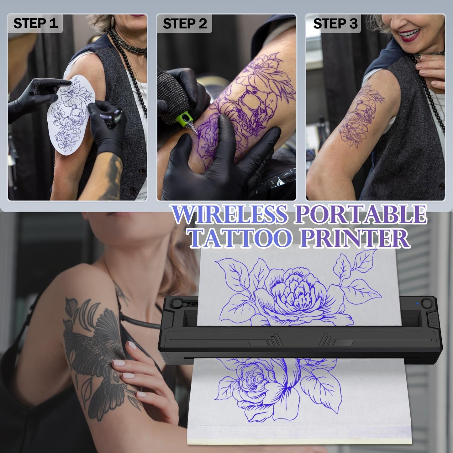 Sacnahe Wireless Tattoo Stencil Printer, Portable Bluetooth Thermal Tattoo Printer with App Custom-Size≤ A4, Print Realistic Portraits, 10 Transfer Papers, Works for Phone/Tablet/PC (Black)