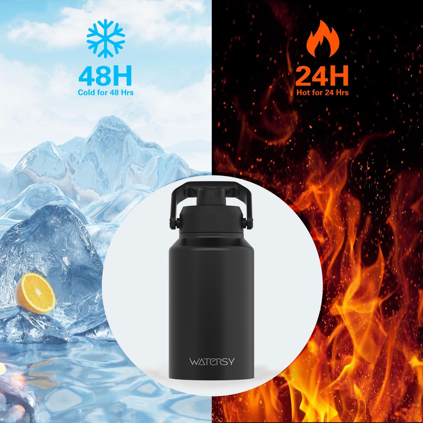 WATERSY 1.5 Gallon Water Bottle Insulated(Cold for 48 Hrs),BPA Free&Leak Proof,196oz Stainless Steel Water Jug,Big thermos,Large Water Bottle with Handle for Gym,Hiking,Camping&Travel,Black