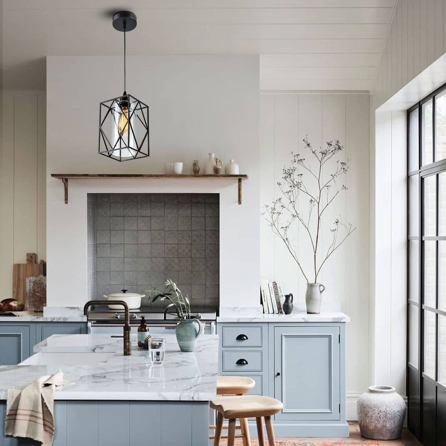 HMVPL Farmhouse Pendant Light Fixtures, Set of 2 Black Farmhouse Hanging Chandelier Lights with Glass Shade, Mini Industrial Ceiling Lamp for Kitchen Island Dining Room Over Sink Hallway Bedroom