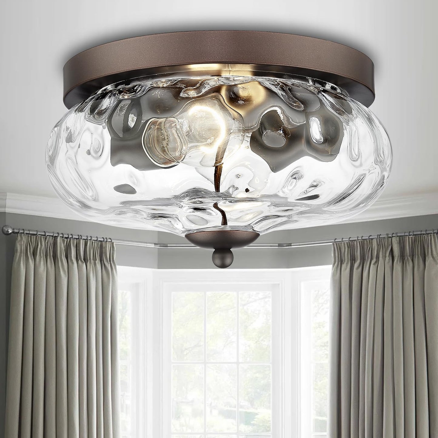 Darkaway Ceiling Light Fixtures Flush Mount Indoor Outdoor Ceiling Light with Water Ripple Glass Shade for Hallway Kitchen Bedroom Porch Living Room Bronze Finish
