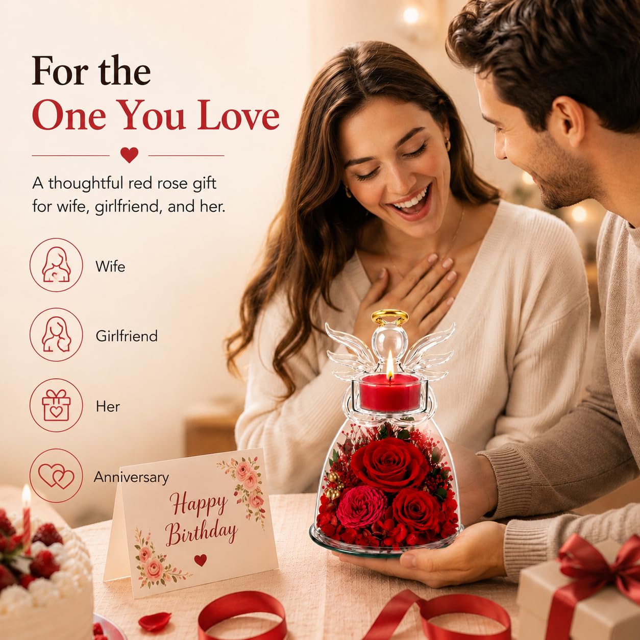 Agrul Birthday Gifts for Wife Girlfriend Women, Preserved Red Rose in Glass Angel Candle Holder, Romantic for Her, Forever Flower Home Decor